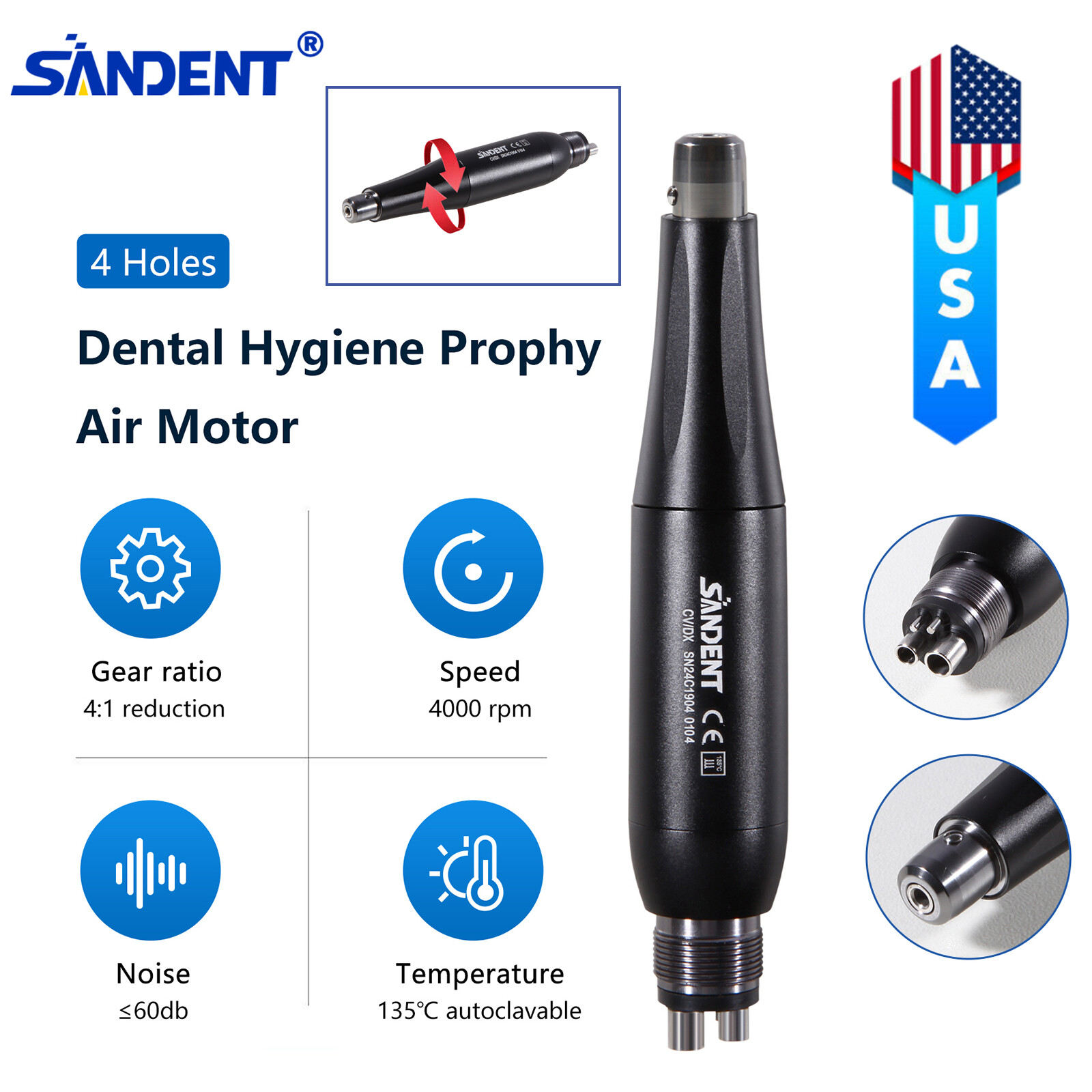 Dental 4:1 Hygiene Prophy Handpiece 360° Swivel Nose Cone Air Motor 4 Holes USA