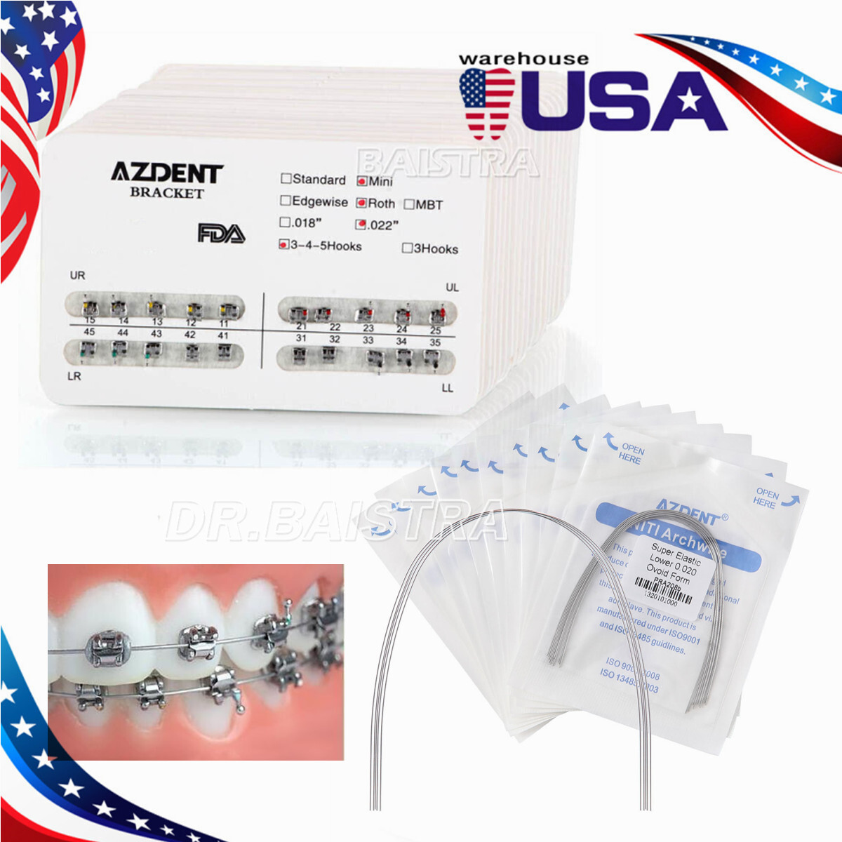 AZDENT Dental Orthodontic Brackets Braces /Supper Elastic Niti Arch Wires