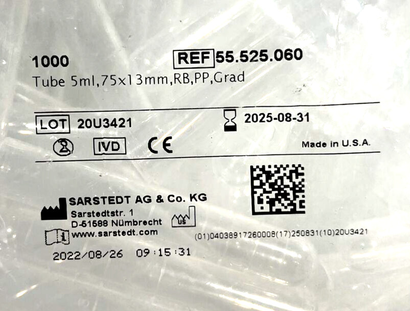 Plastic Test Tubes 5ml 75x13mm RB PP Grad 55.525.060 Centrifuge Tube Bag of ~500