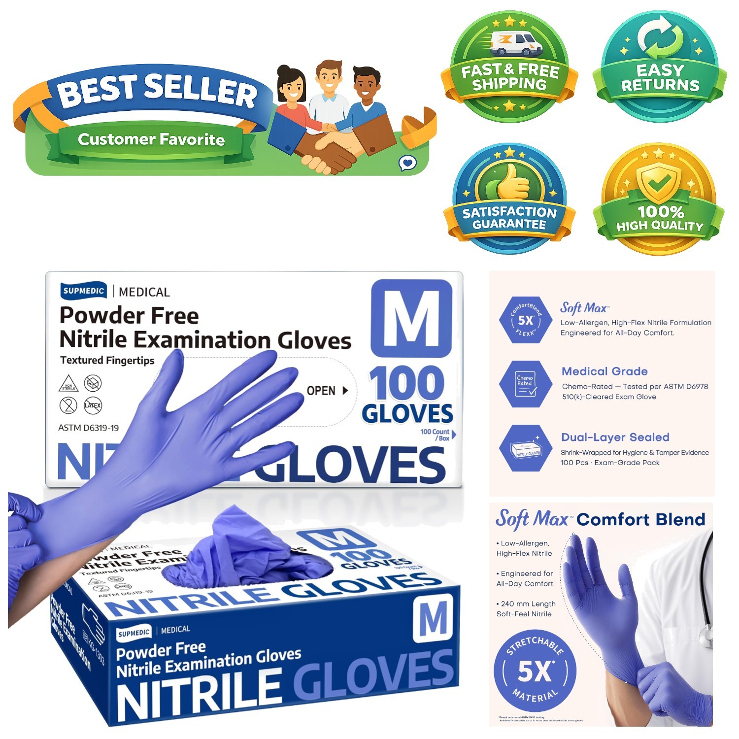 Ambidextrous Nitrile Gloves, 100 Count – Perfect for Food Handling & Clean Tasks