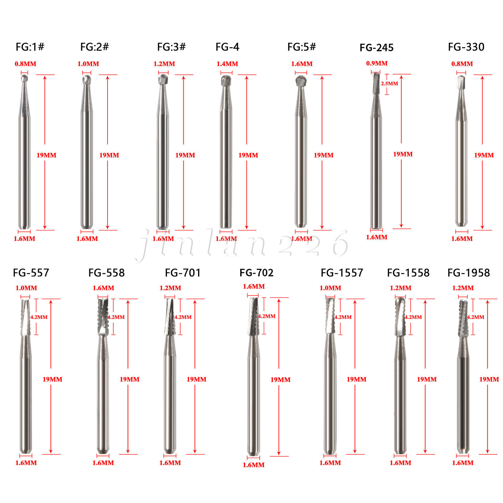 Carbide Bur, FG, #1/4, 1/2, 1, 2, 4, 6, 8 Bur, Round Dental