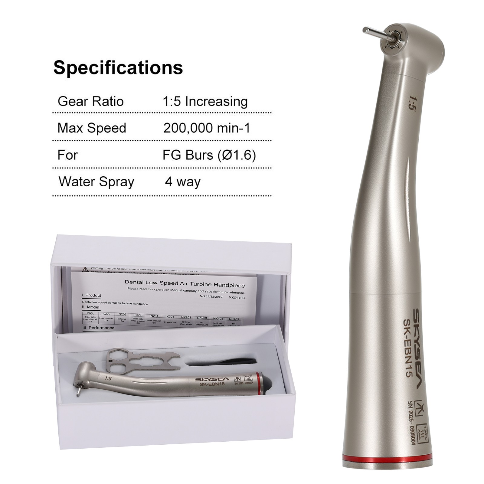 Dental 1:5 Increasing Contra Angle Handpiece 4Spray Fit E-type Motor Without LED
