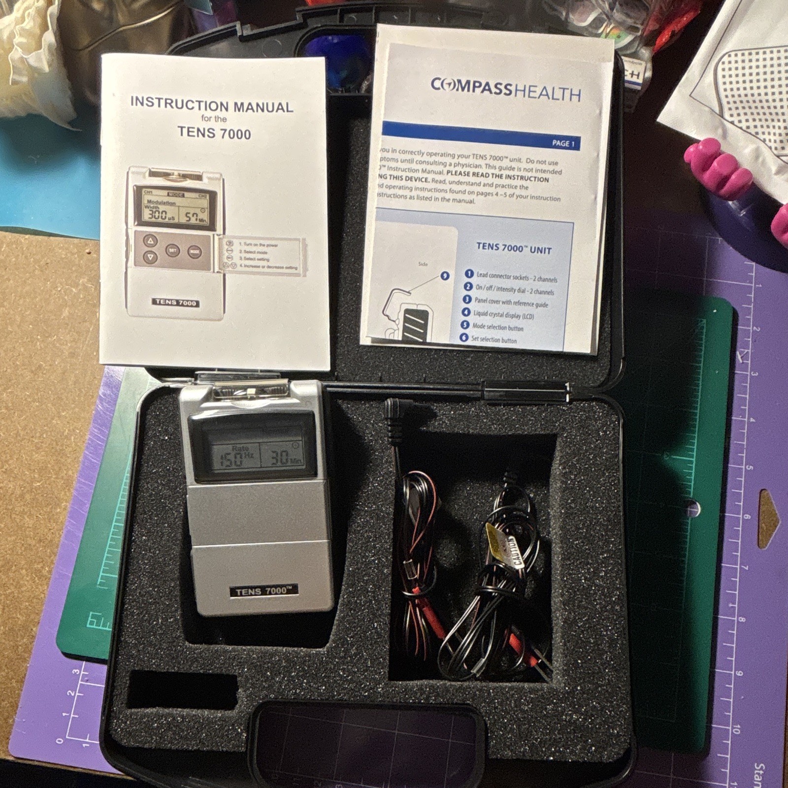 Compass Health TENS 7000 2-Channel Handheld TENS Unit w/ Case, Leads & Manuals