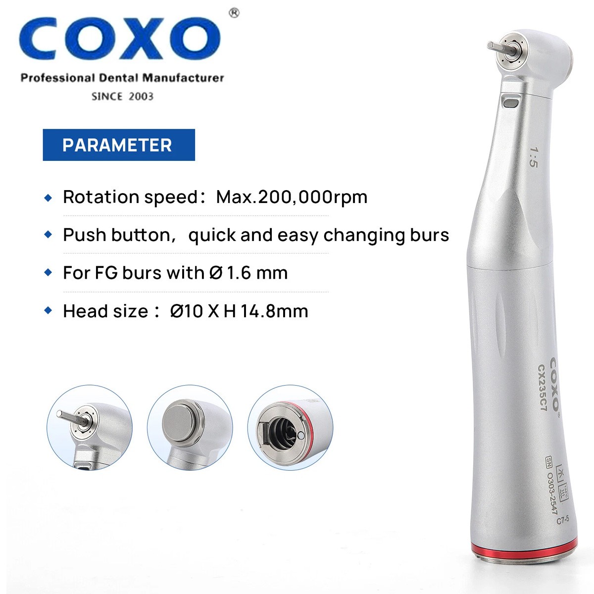 COXO CX235C7 Dental Fiber Optic LED Standard Head 1:5 Contra Angle Handpiece