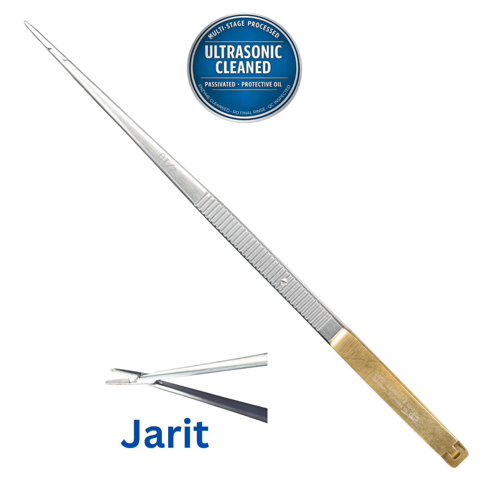 Jarit 121-231 Castroviejo Needle Holder, Serrated, 1.6mm Jaw, TC, STR, 8-3/8″