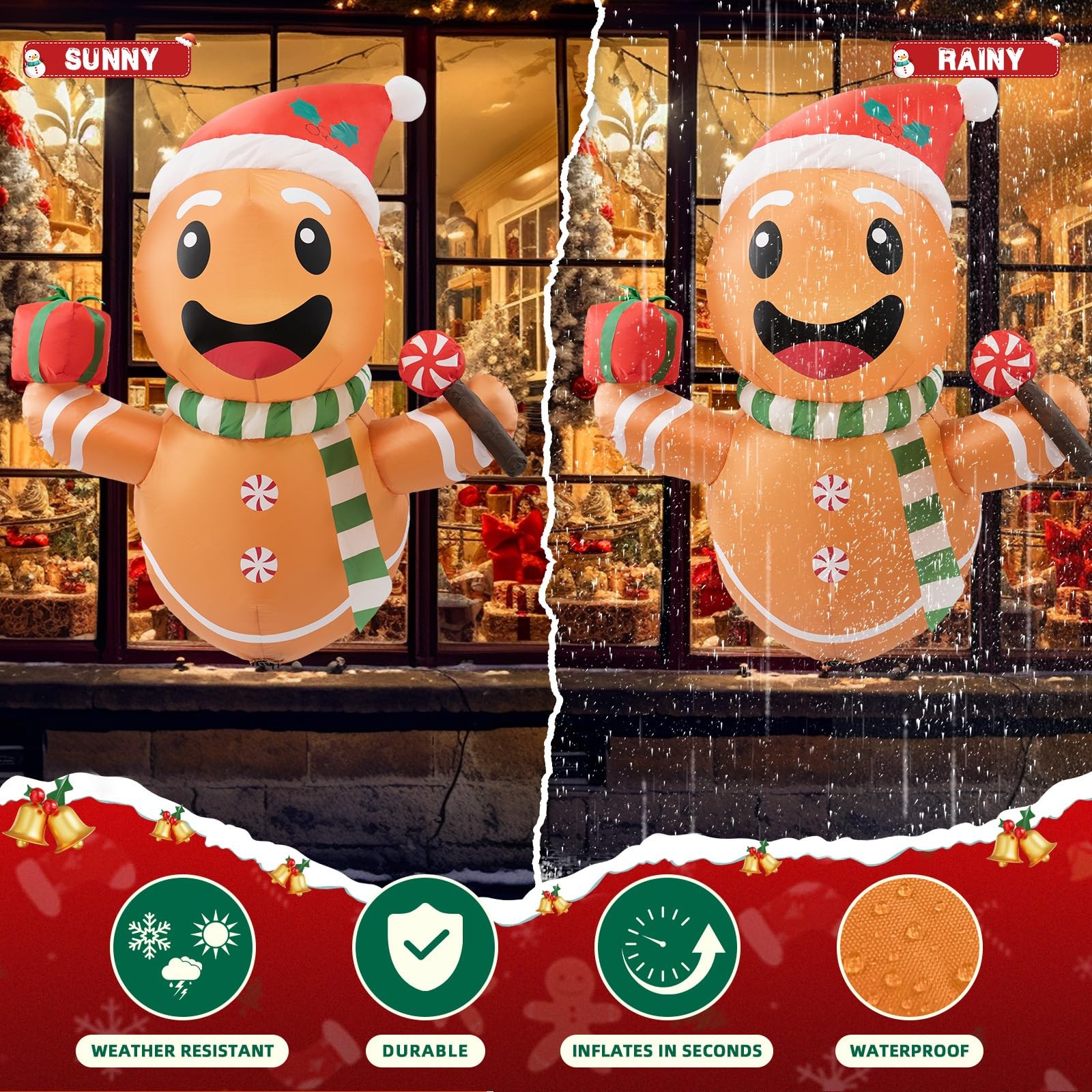 4FT Christmas Inflatables Gingerbread Man Lean Out from Window Outdoor Decora…