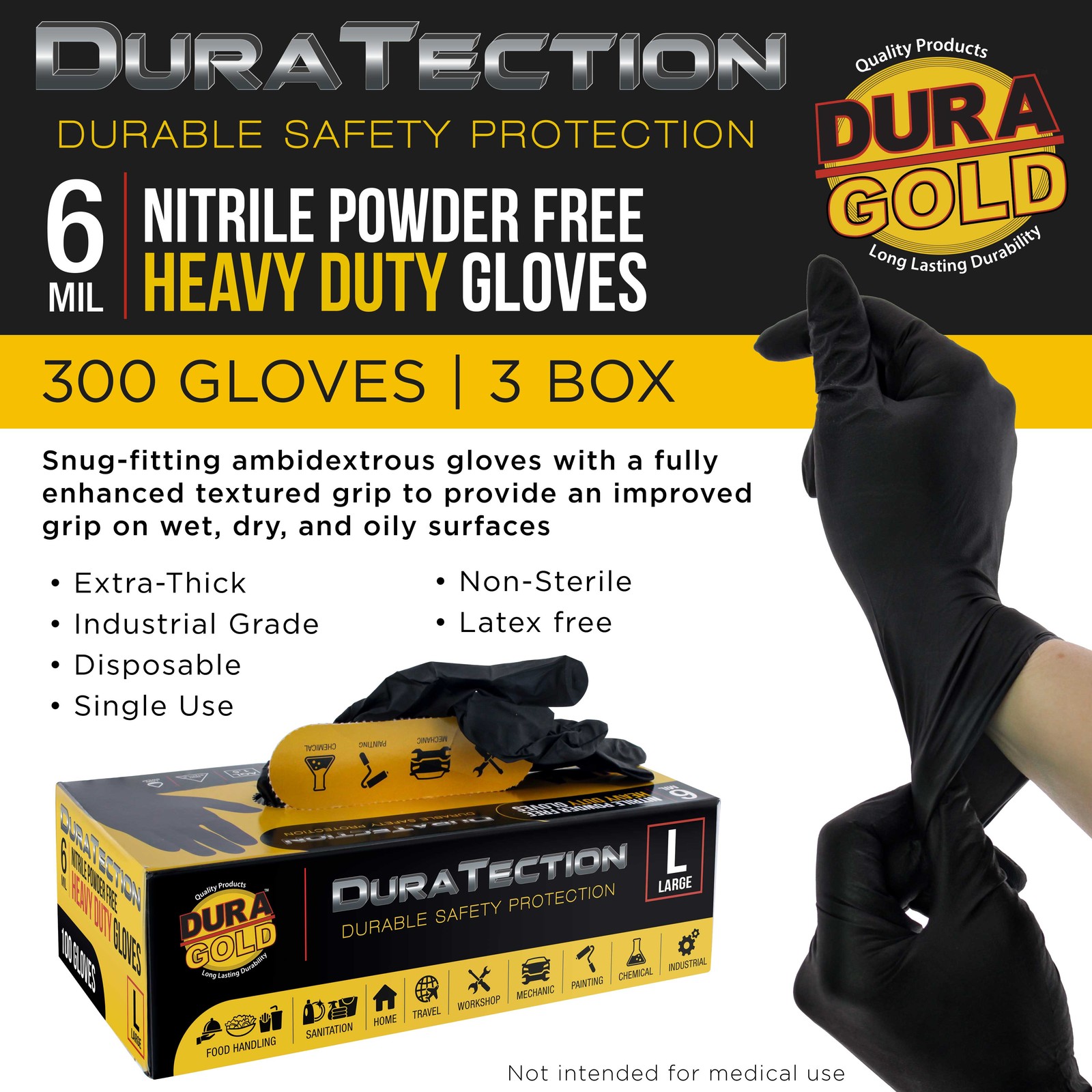 Dura-Gold HD Black Nitrile Disposable Gloves, 3 Boxes of 100, Size Large, 6 Mil