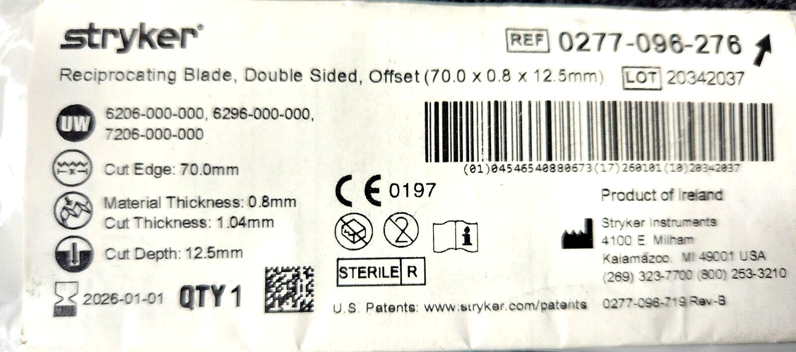 Stryker 0277-096-276 Reciprocating Blade, Double Sided, Offset exp: 2026 & up ()