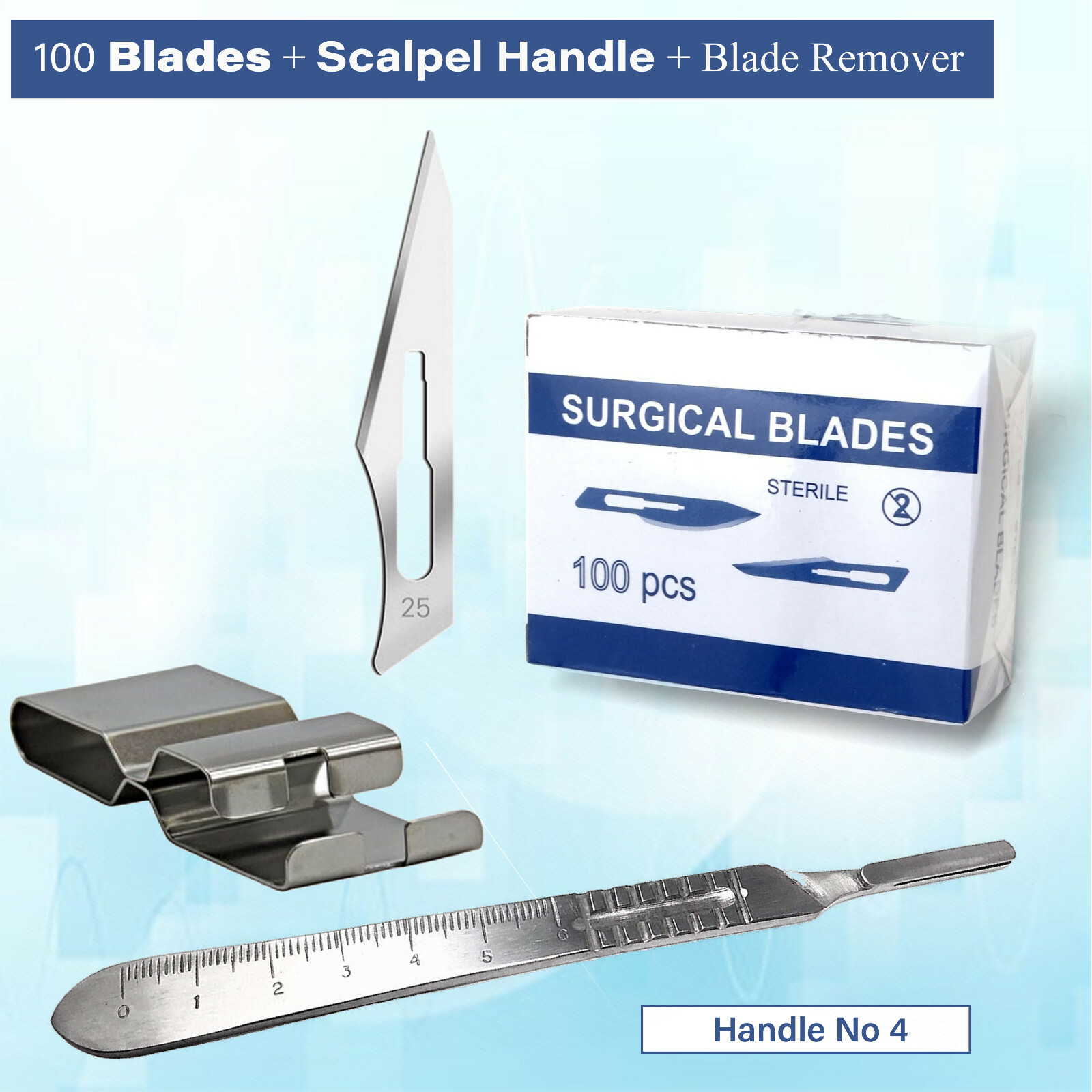 100 Sterile Blades #25 + Handle #4 + Blade Remover Surgery Crafts Carving Models
