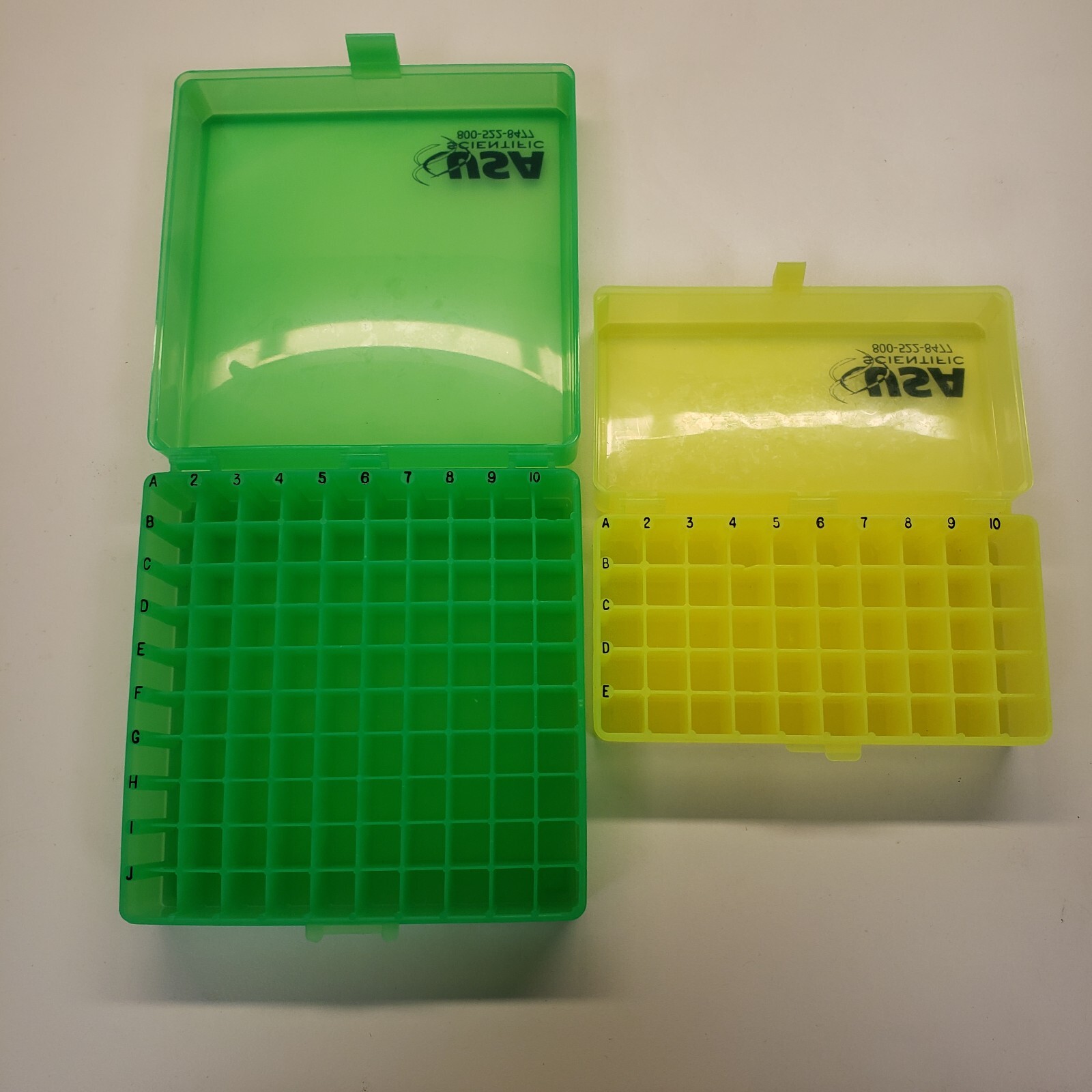 USA Scientific Polypropylene hinged freezer storage boxes, 50- and 100-place