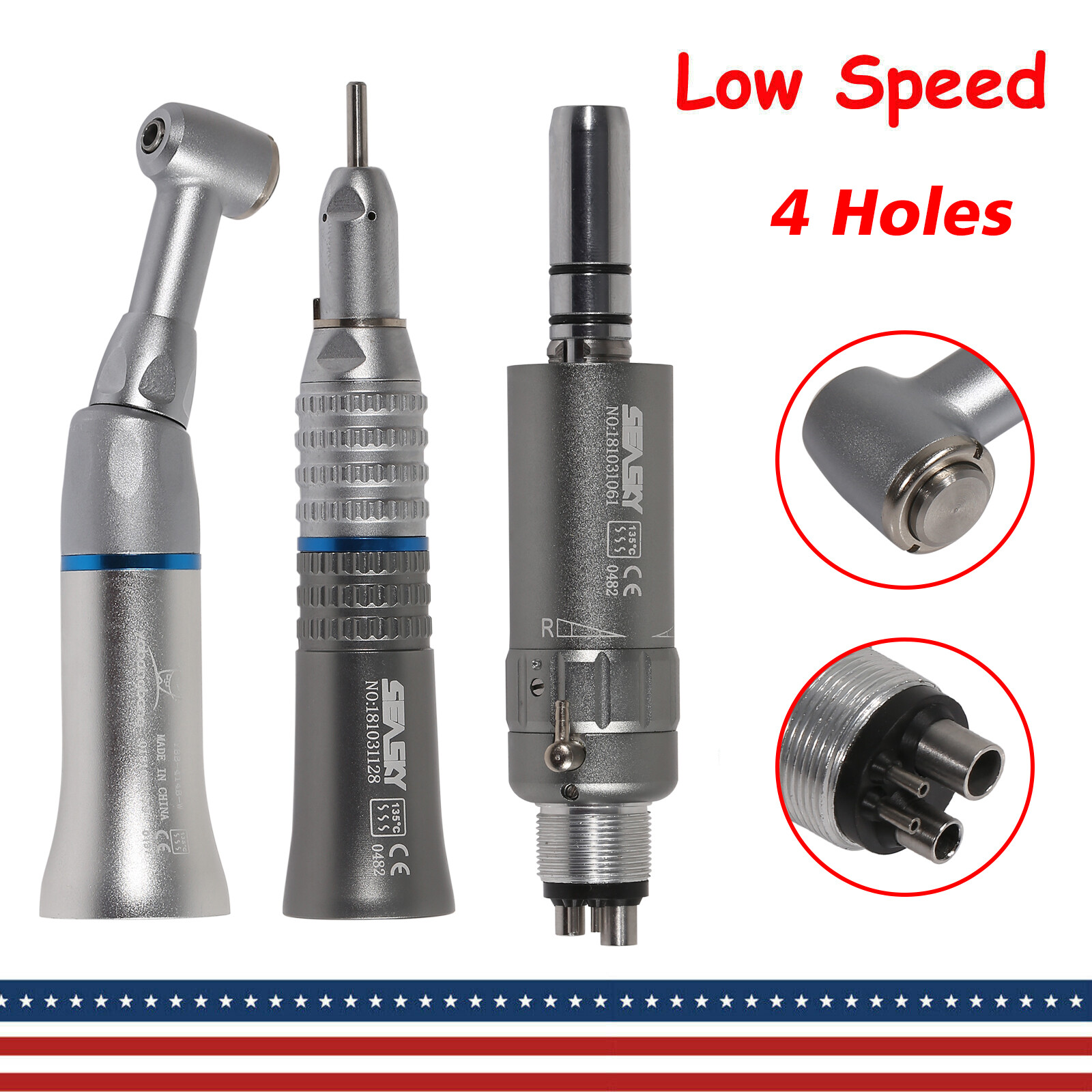 Dental Slow Low Speed Handpiece Contra Angle Straight Air Motor 2/4 Hole USPS
