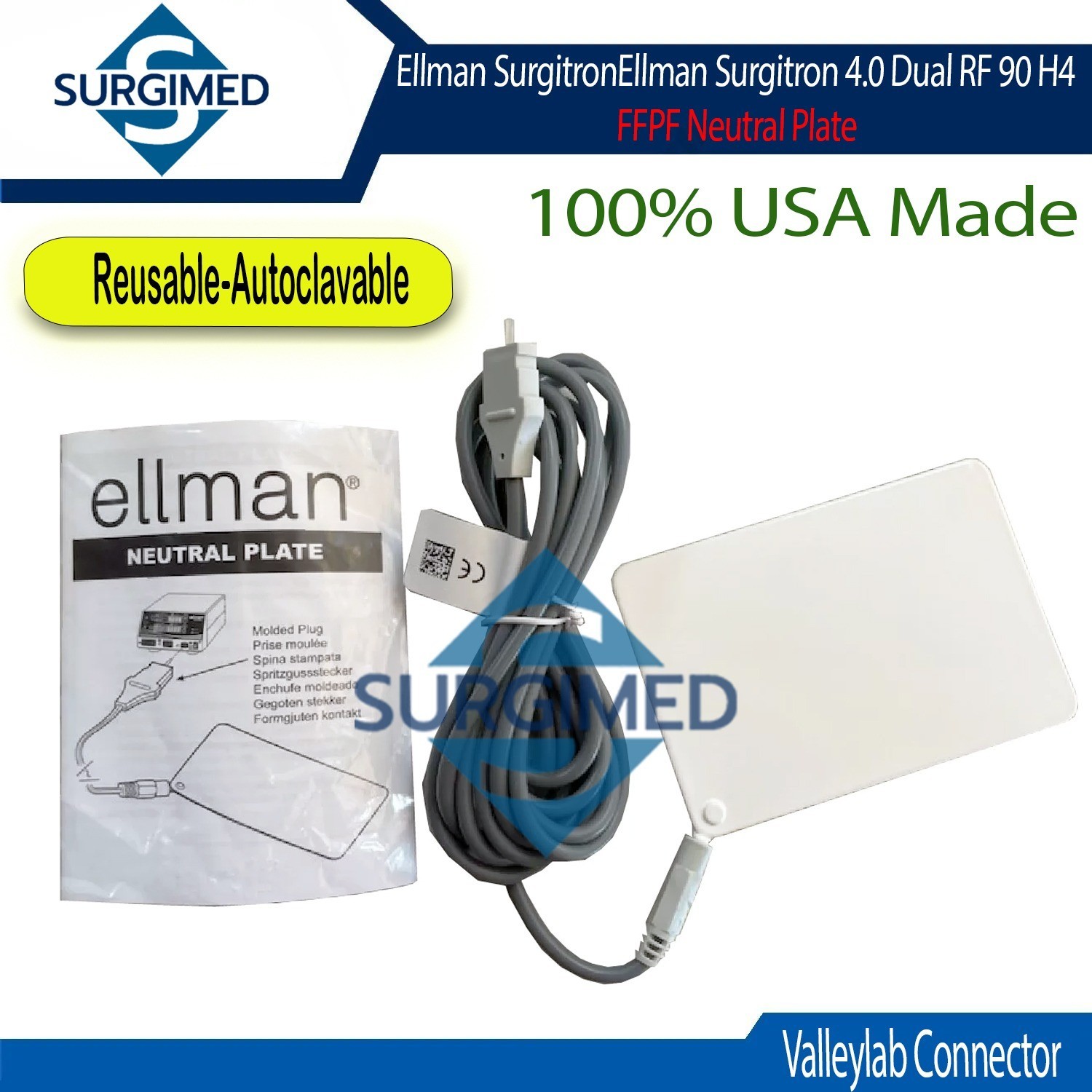 Ellman Surgitron 4.0 Dual RF 90 H4 Grounding Patient Plate Valleylab Connector