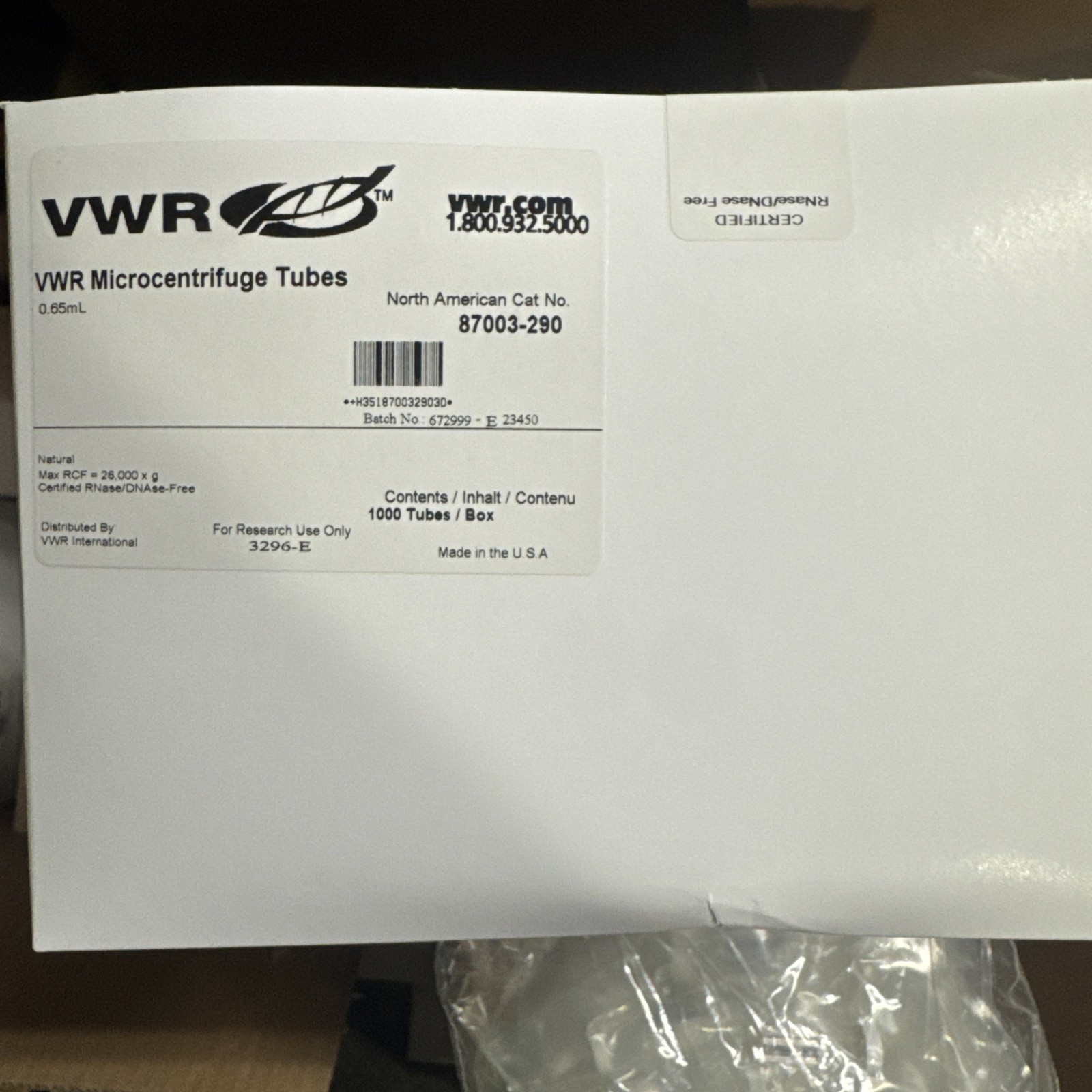 VWR Cat No 87003-290 Microcentrifuge Tubes 0.65mL