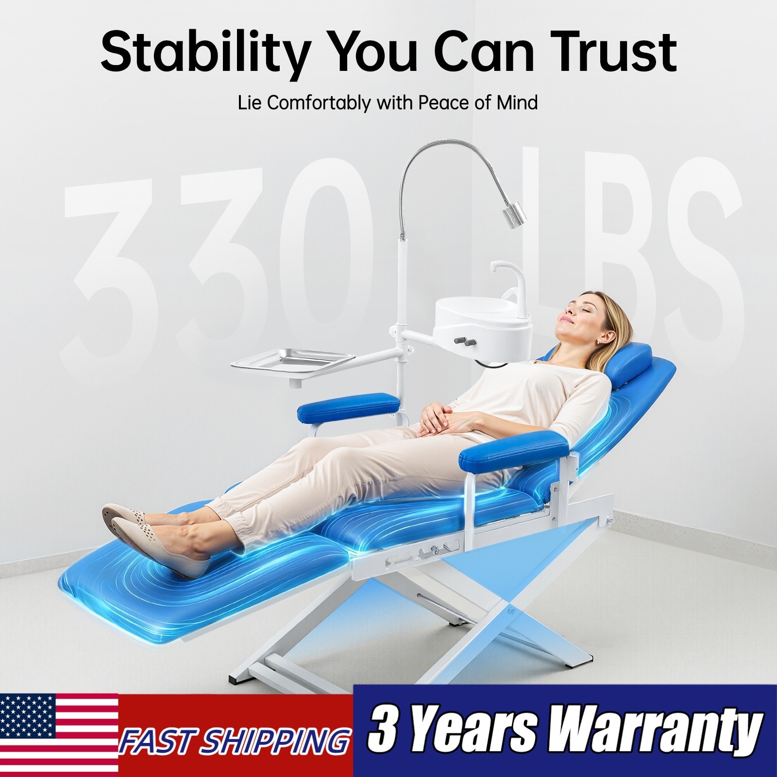 Portable Dental Chair Folding Mobile Chair Tilt Bed with LED Light & Waste Basin