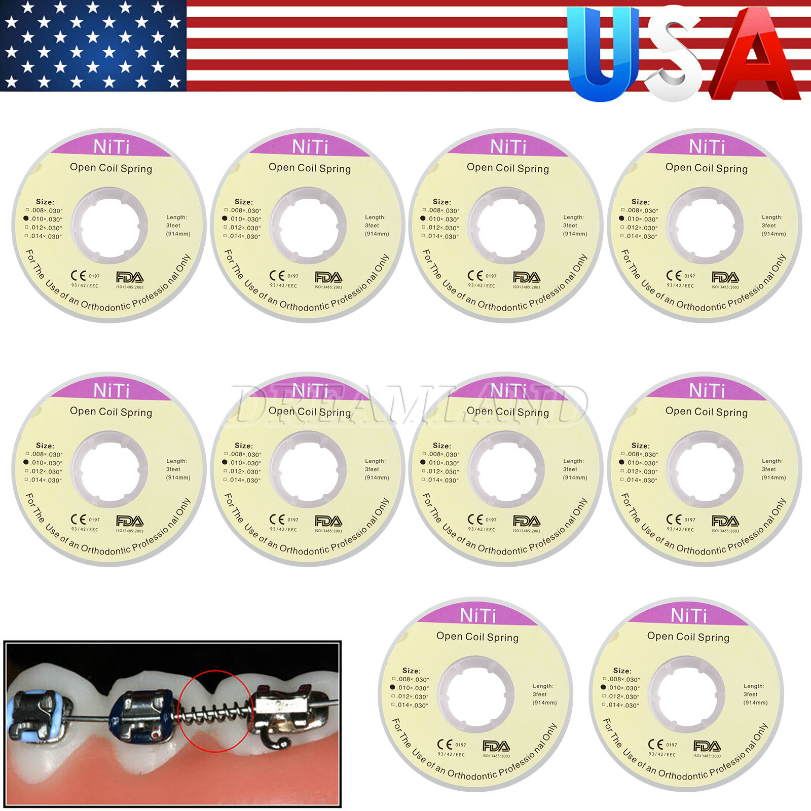 10 Roll Dental Orthodontic Niti Open Coil Spring Spool Dia.010 *030 ” inch 914mm