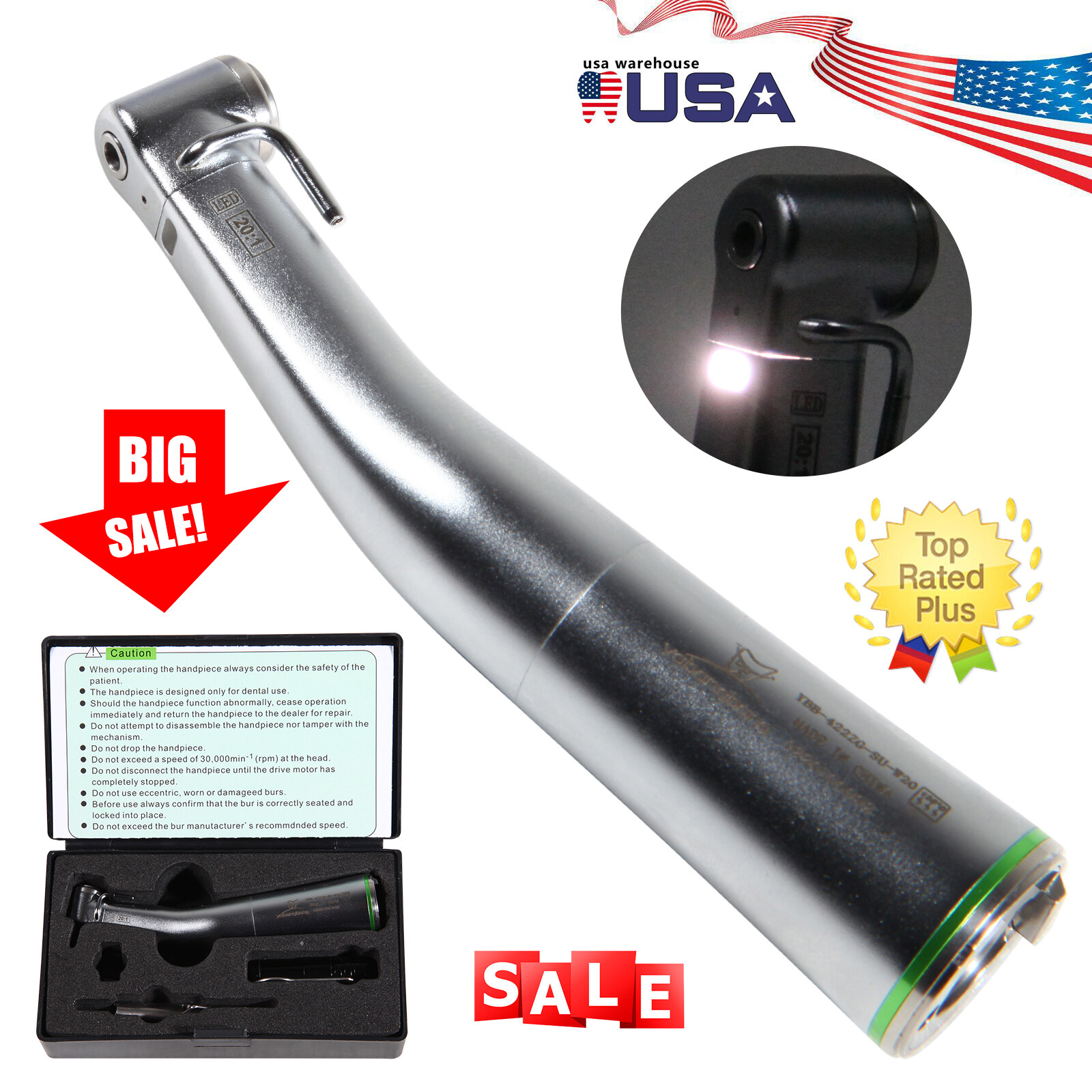 NSK Style Dental Implant Fiber Optic 20:1 Contra Angle low speed Handpiece LED A