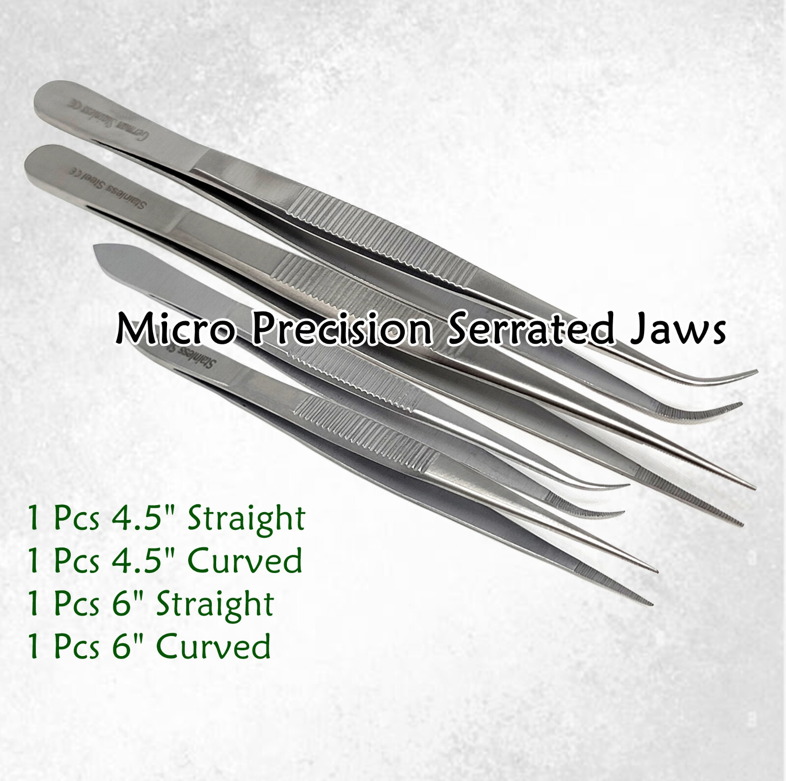 Surgical Tweezers Set Micro Serrated Jaws Stainless Steel Lab Forceps – Set of 4