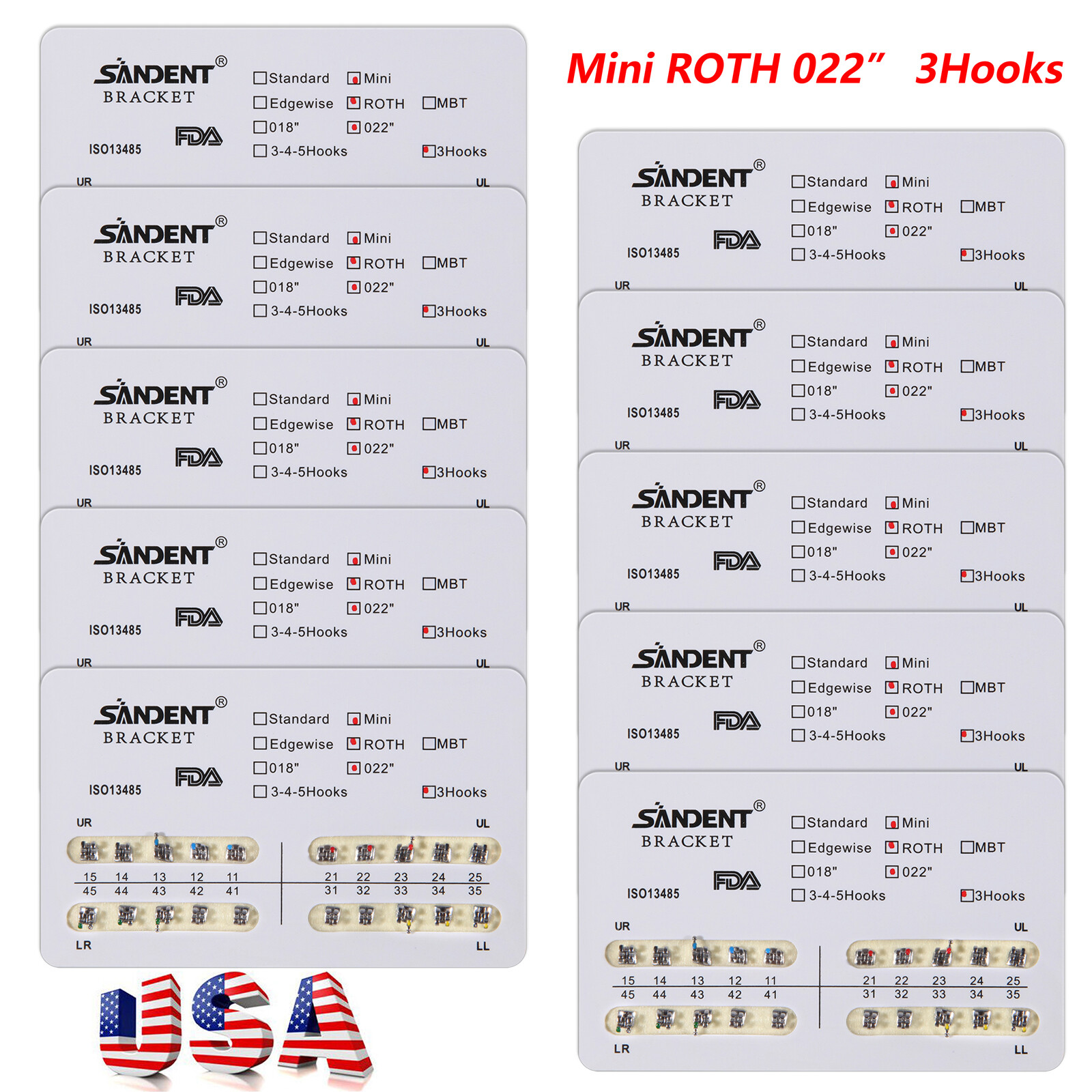 200Pcs Dental Orthodontic Braces Bracket Mini Roth 022″Slot 3 Hooks 10 Packs