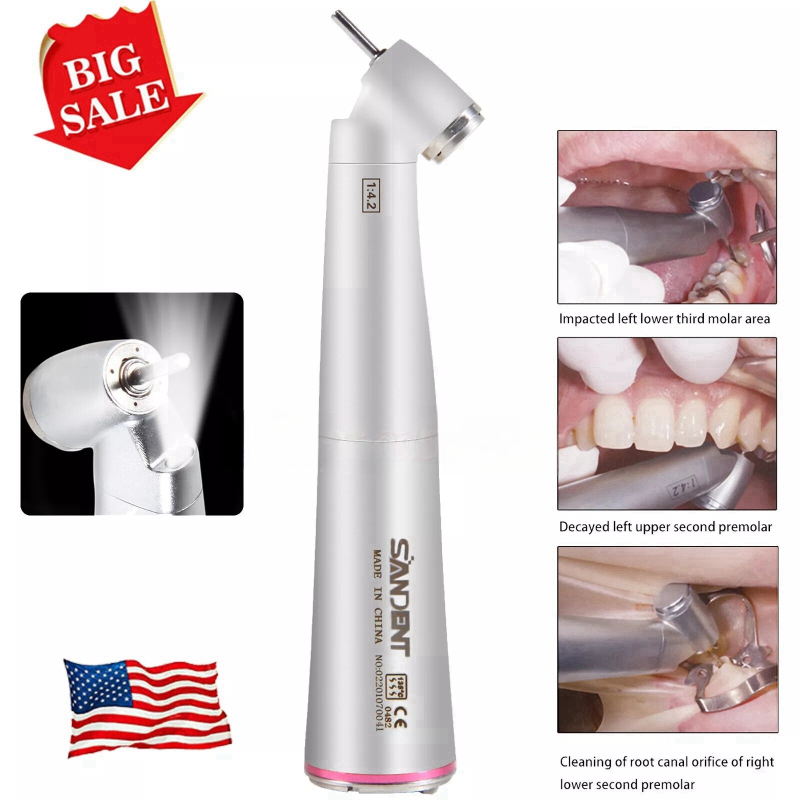 Dental 1:4.2 Increasing Handpiece 45 Degree Electric Contra Angle Fiber Optic US
