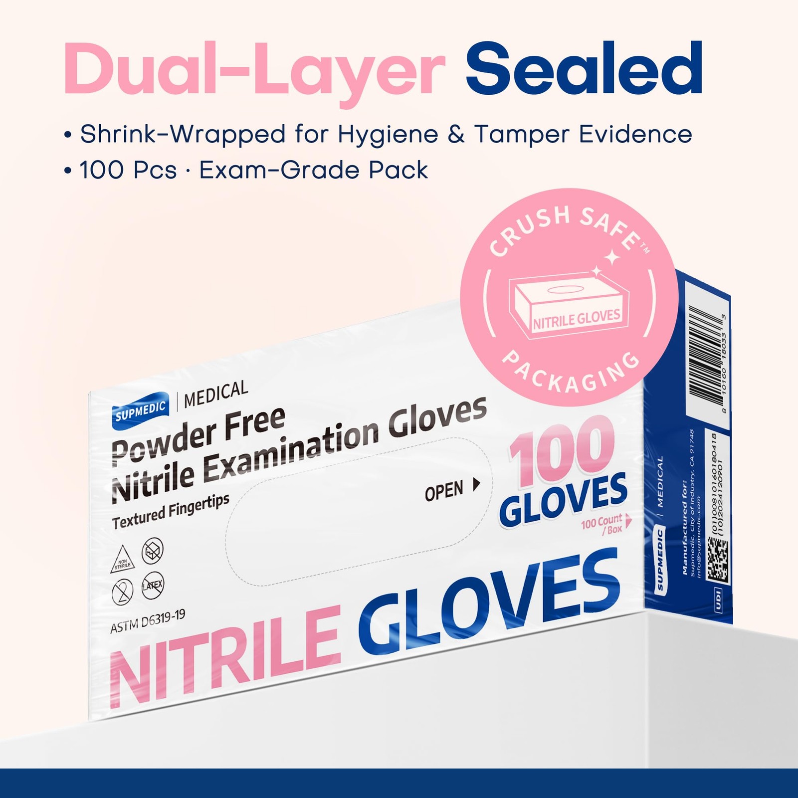 Supmedic Medical Nitrile Exam Gloves, 3.5 mil Medium, Medium (Rose Quartz)