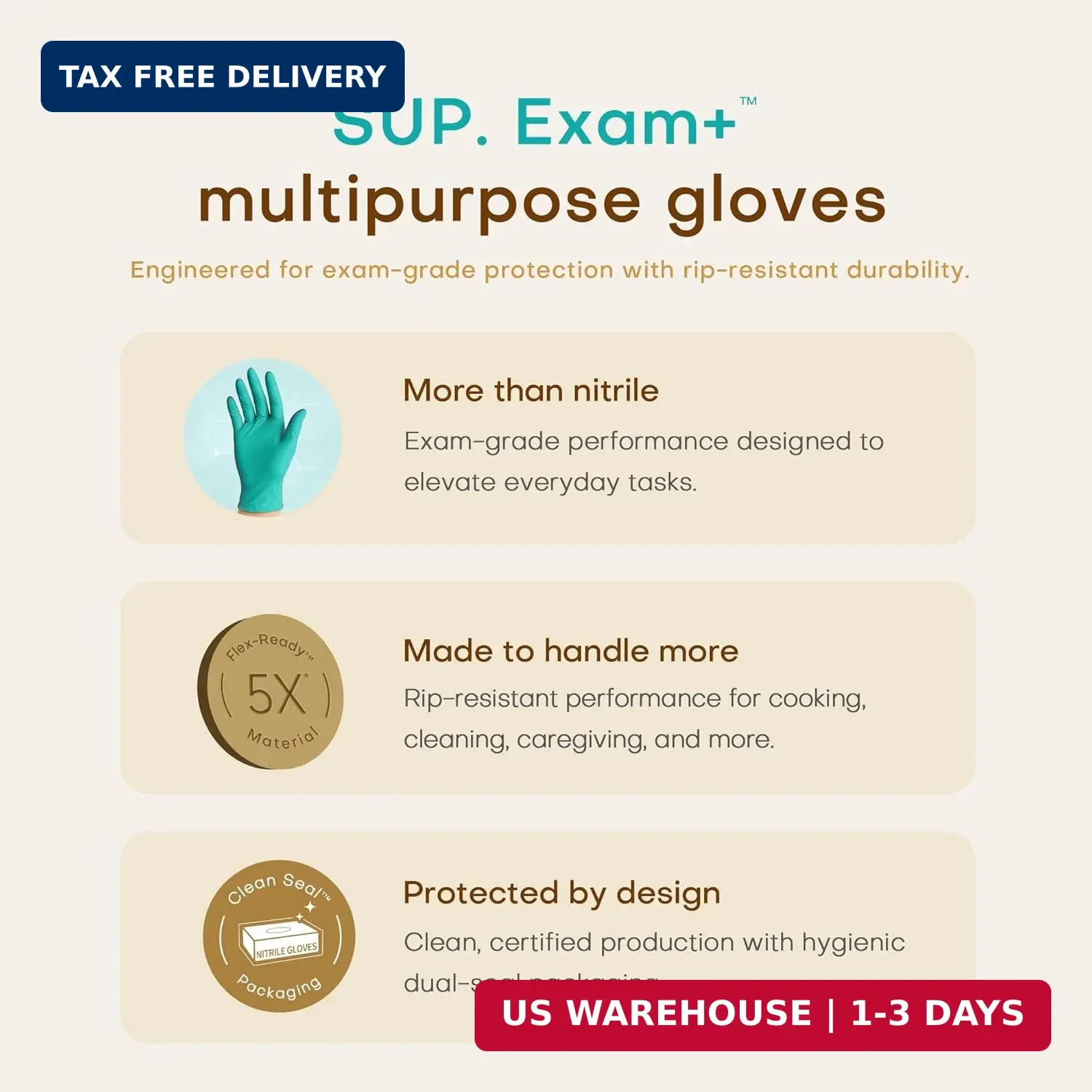 SUP Powder-Free Nitrile Exam Gloves, 100 Count Food Safe Latex-Free Disposable G