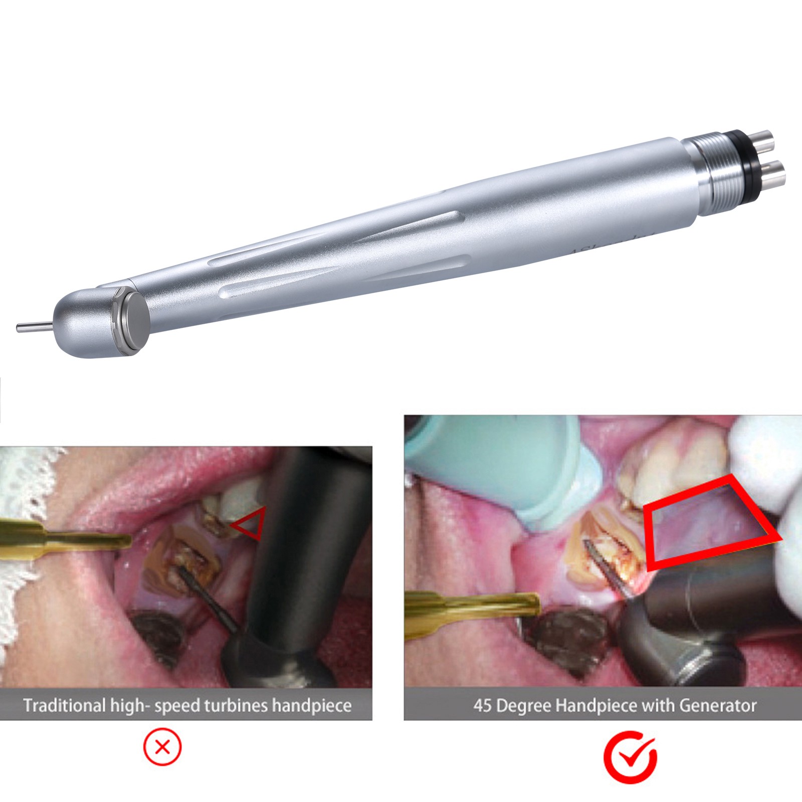 Pieza de mano quirúrgica dental de fibra con LED y generador E de 45 grados 4H