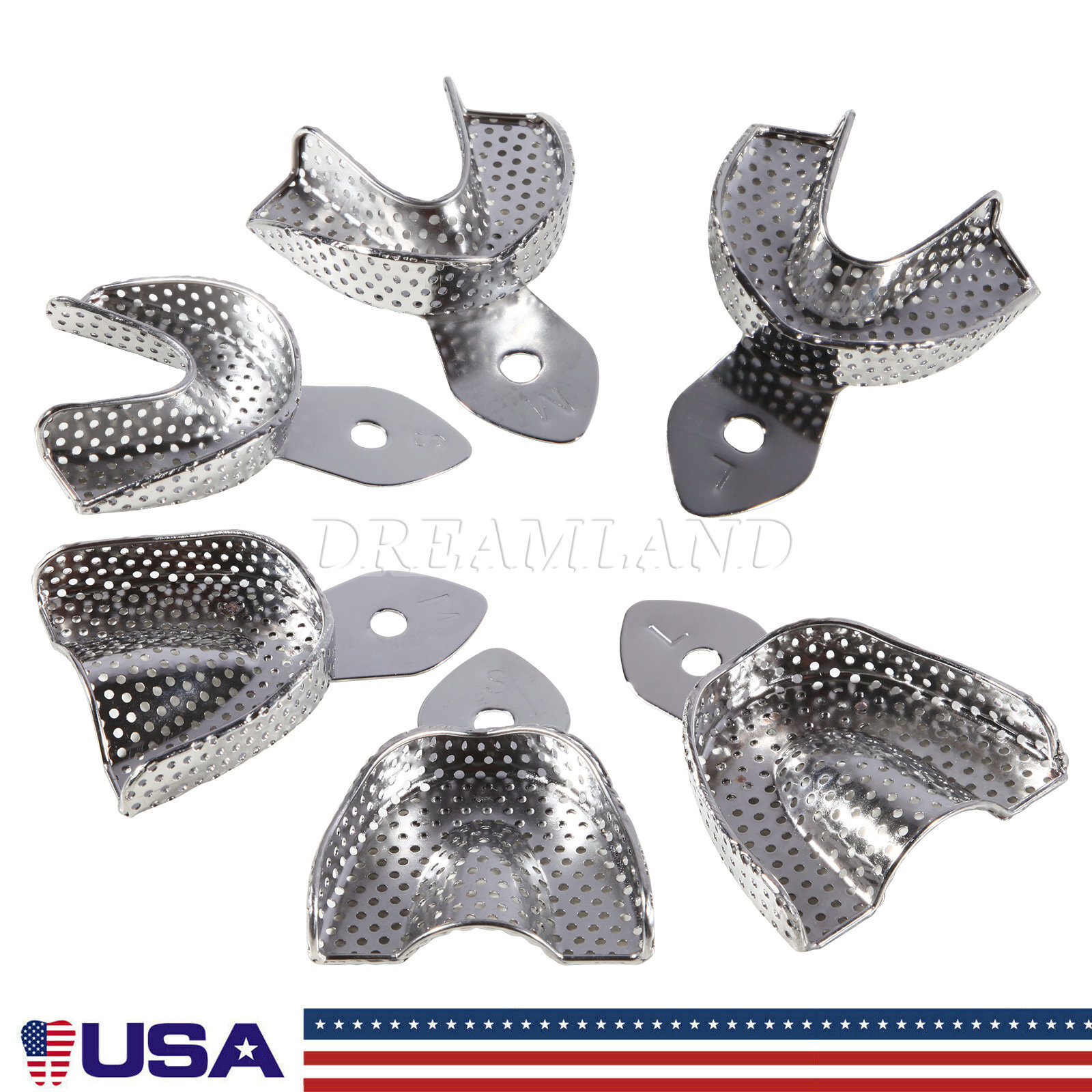 6 Pcs Perforated Metal Dental Impression Trays Set Edentulous Instruments CE