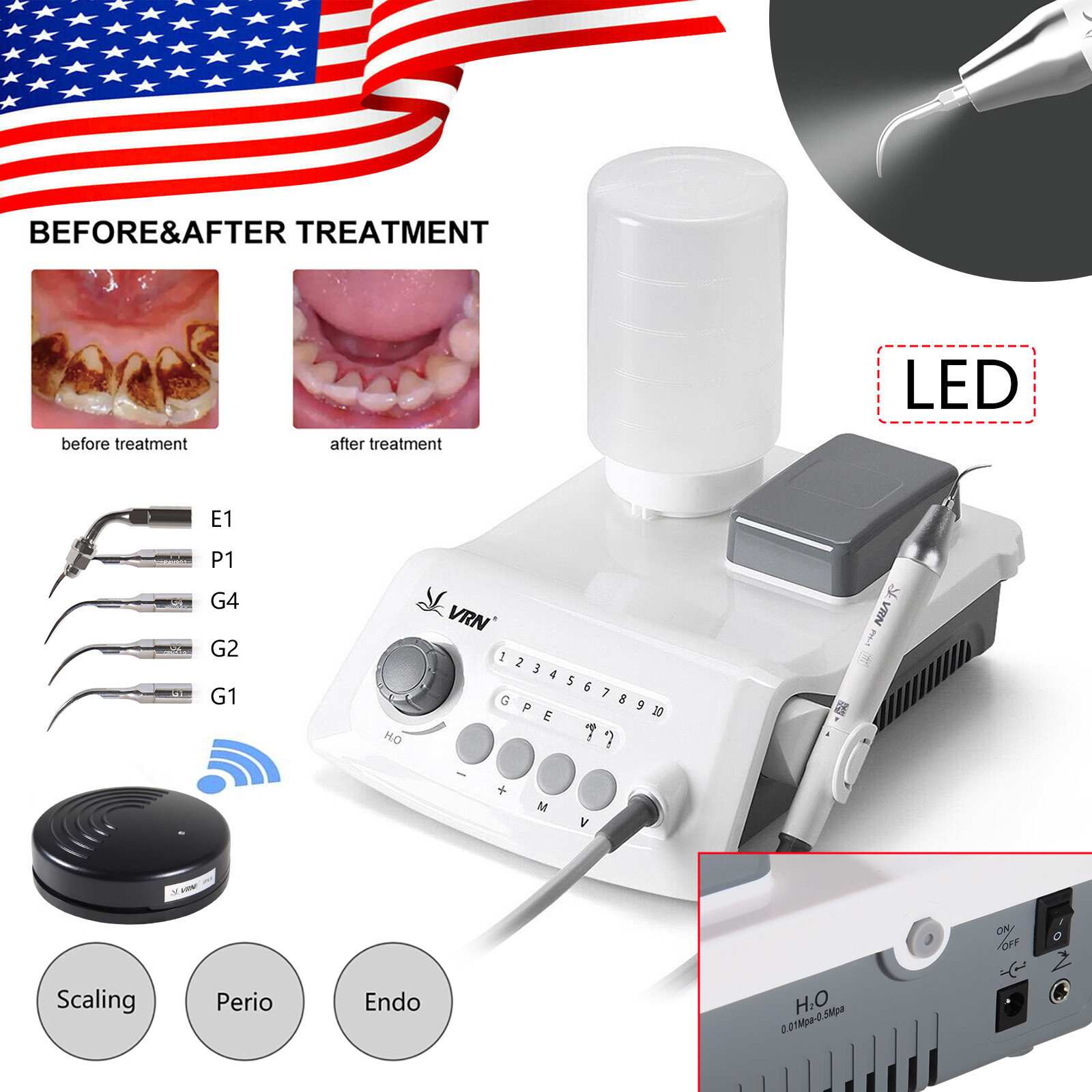 Dental Wireless Ultrasonic Scaler LED Handpiece /G1, G2, G4, P1, E1 Tips VRN-A8
