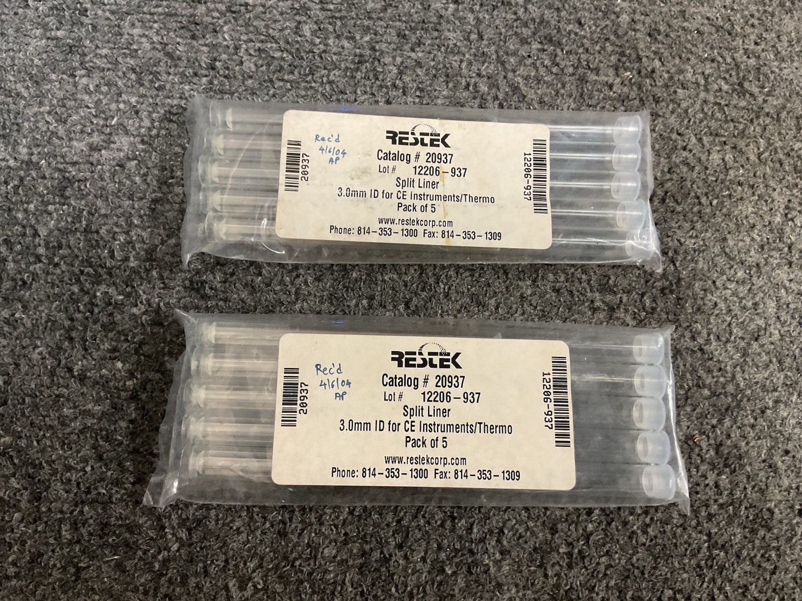Restek Split Liner 3.0mm Id CE Instruments Thermo 12206-937 Lot of 2 5Pk 20937