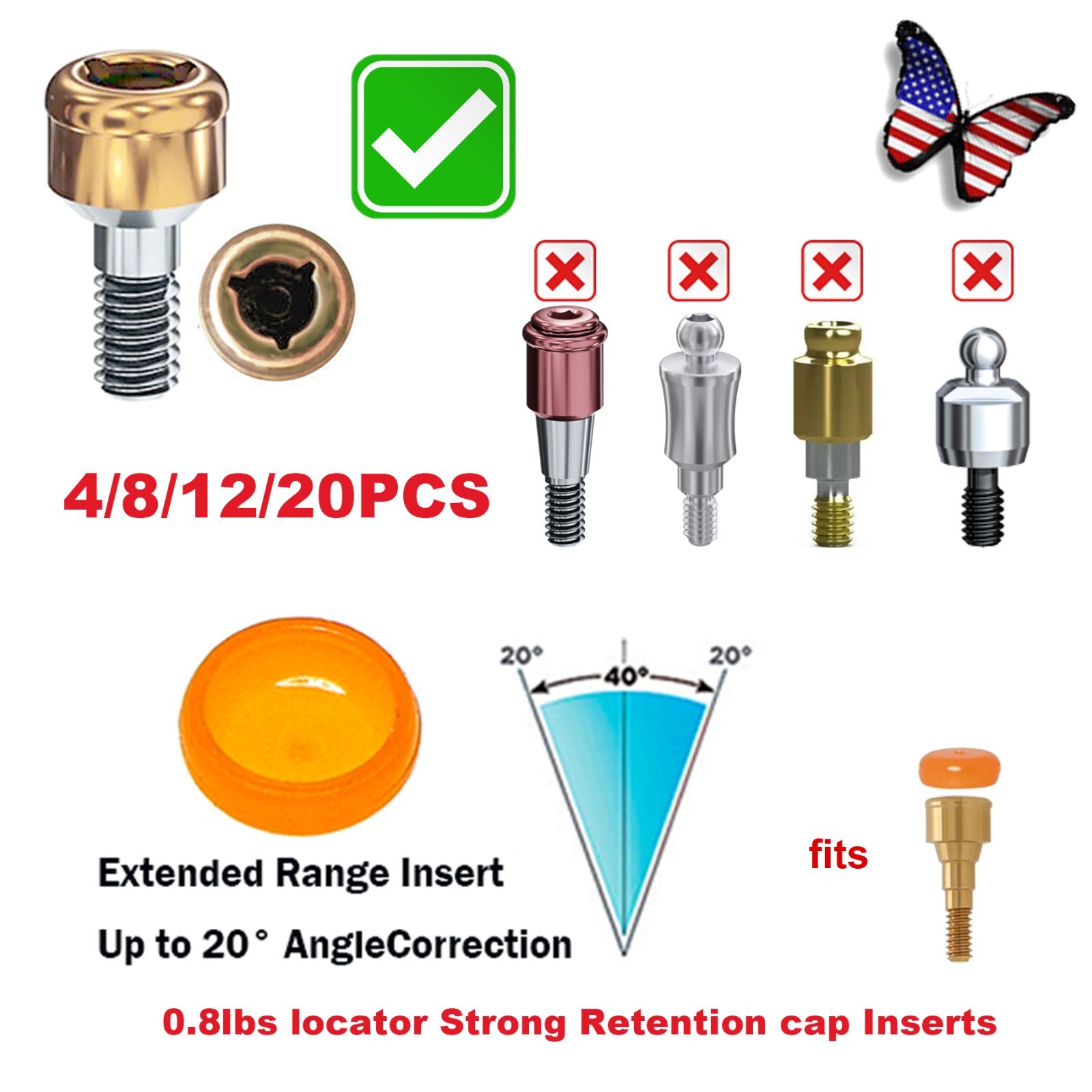 Locator Core Tool & Overdenture Retention Replacement Caps Insert 0.8/1.2/2.4lbs