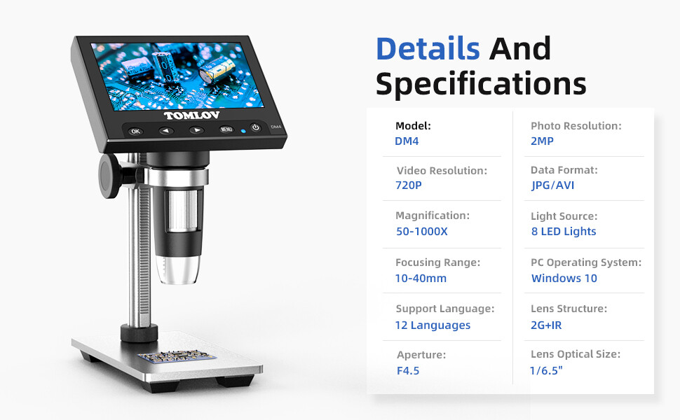 TOMLOV 4.3″ 1080P LCD Digital Microscope 1300X Coin Magnifier Soldering Camera
