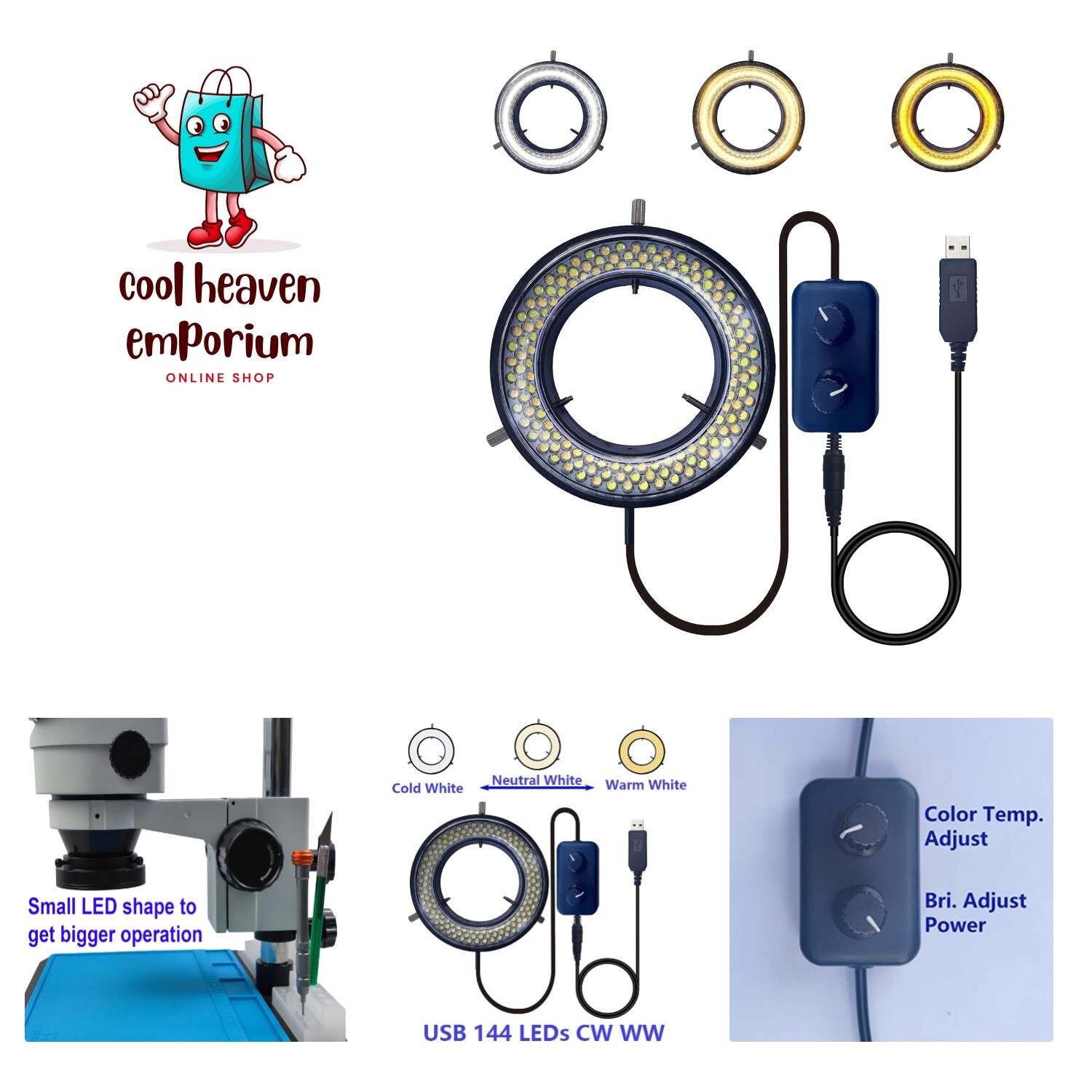 Microscope LED Ring Light Illuminator, USB 5V 144 LED Color Temperature Adjus…