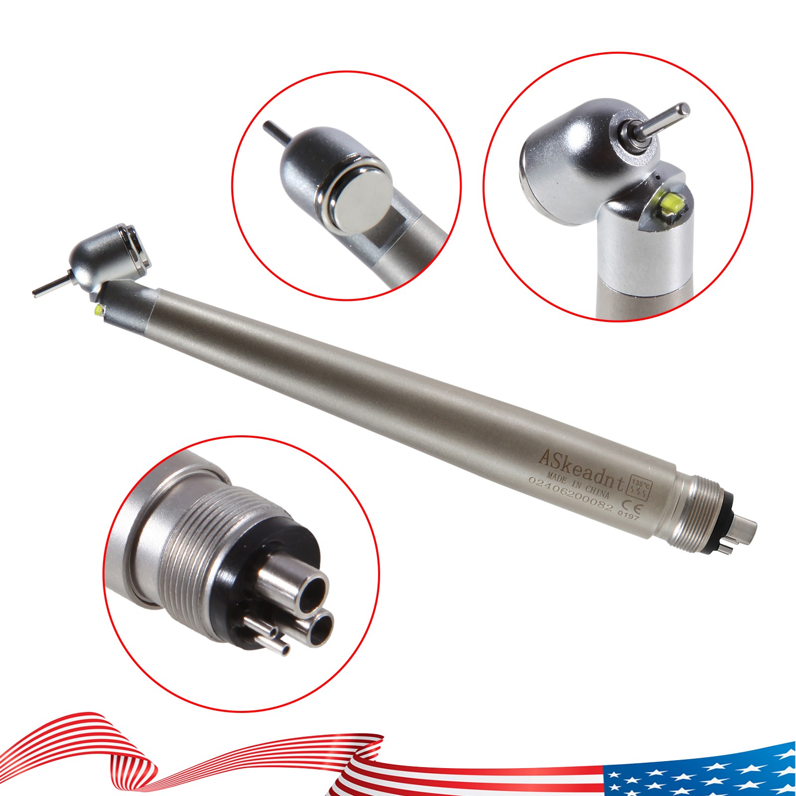 ASkeadnt Dental 45 Degree Surgical High Speed Handpiece Push Button LED 4 Holes