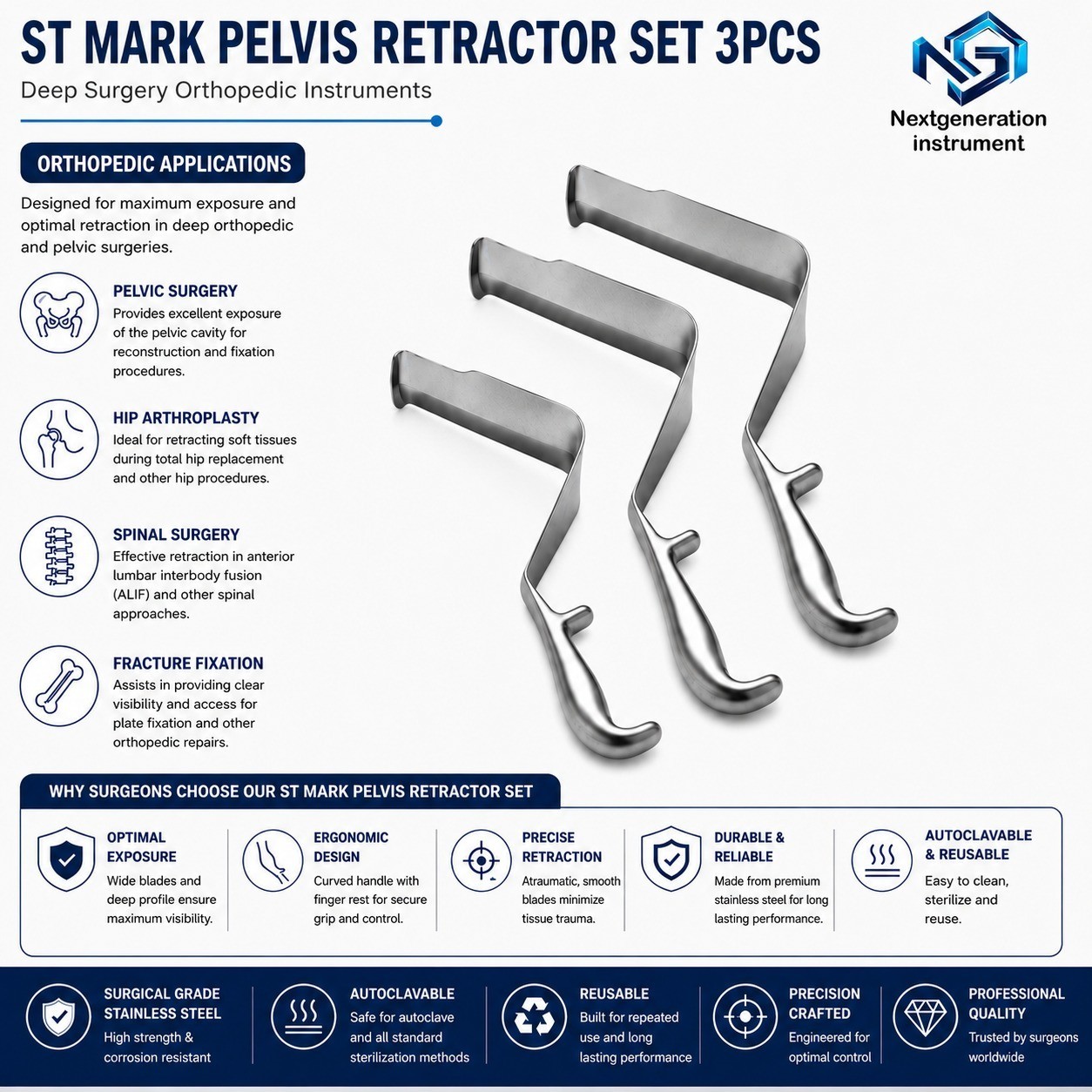 ST Mark Pelvis Retractor Set 3PCS Orthopedic Surgical Stainless Steel Tool