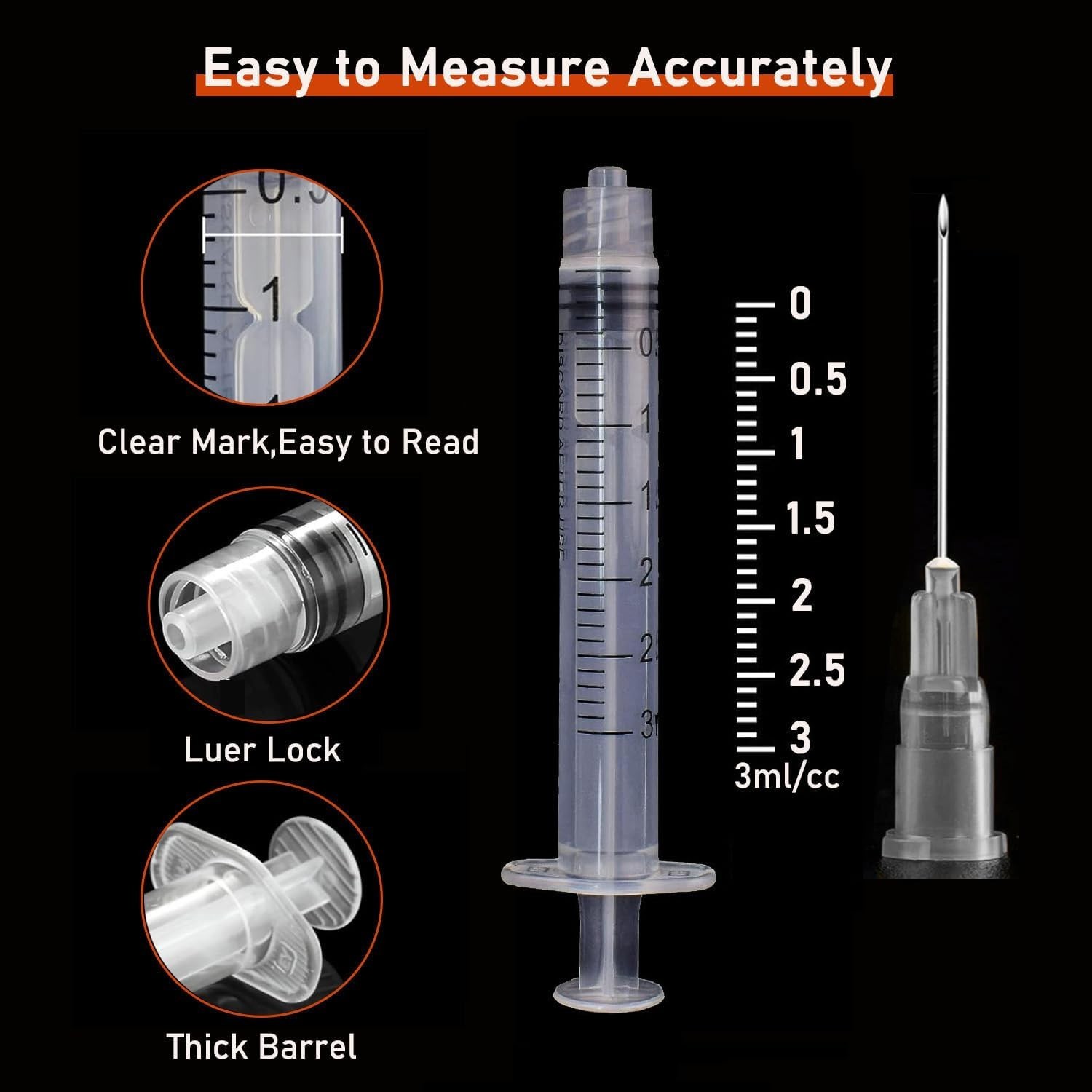 50 Pack 3ml/cc Disposable Luer Lock Lab Syringes with 22Ga 1.0 Inch , Individual