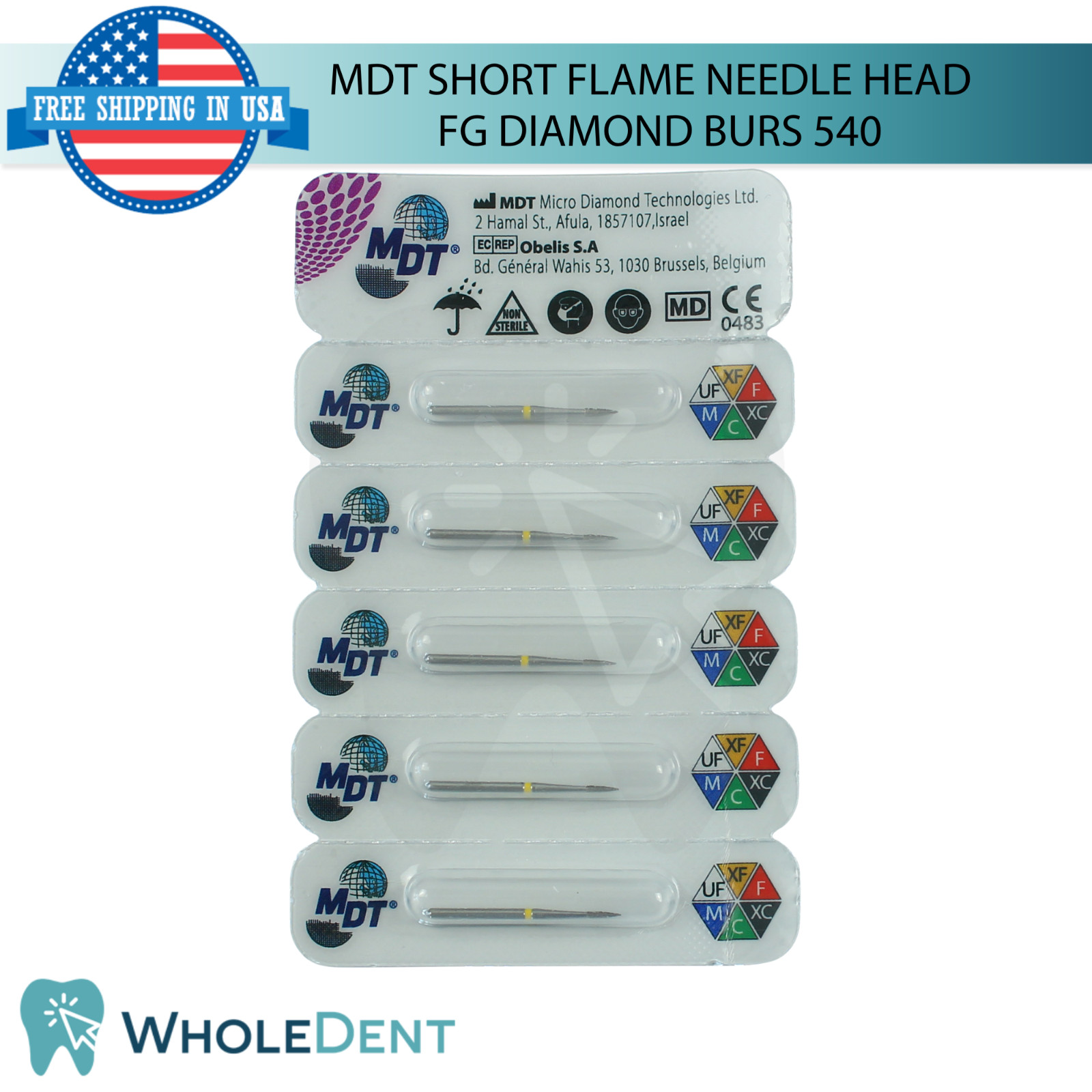 Dental MDT Short Flame Needle Head 540 FG Diamond Burs Ø1.0mmX4.0mm L21.0mm