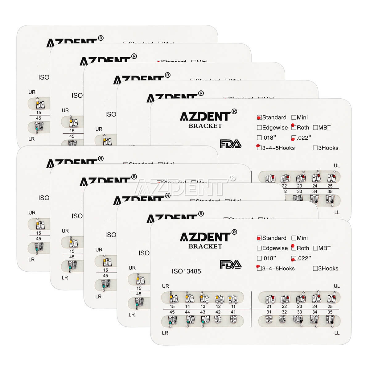 10X USPS AZDENT Dental Orthodontic Metal Brackets Standard Roth.022 Hooks 3-4-5