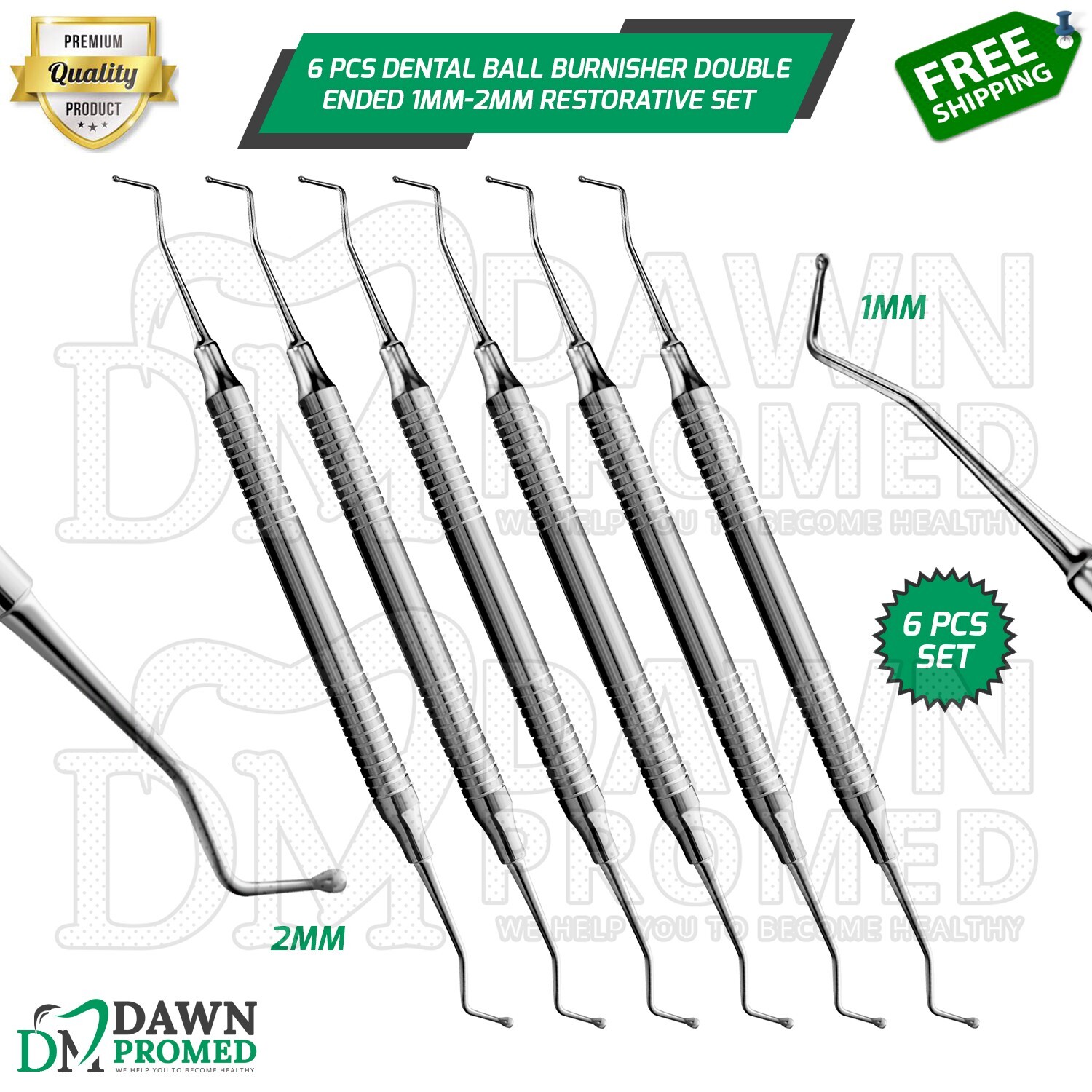 6 Pcs Dental Ball Burnisher Double Ended 1mm-2mm Restorative Amalgam Filling Set