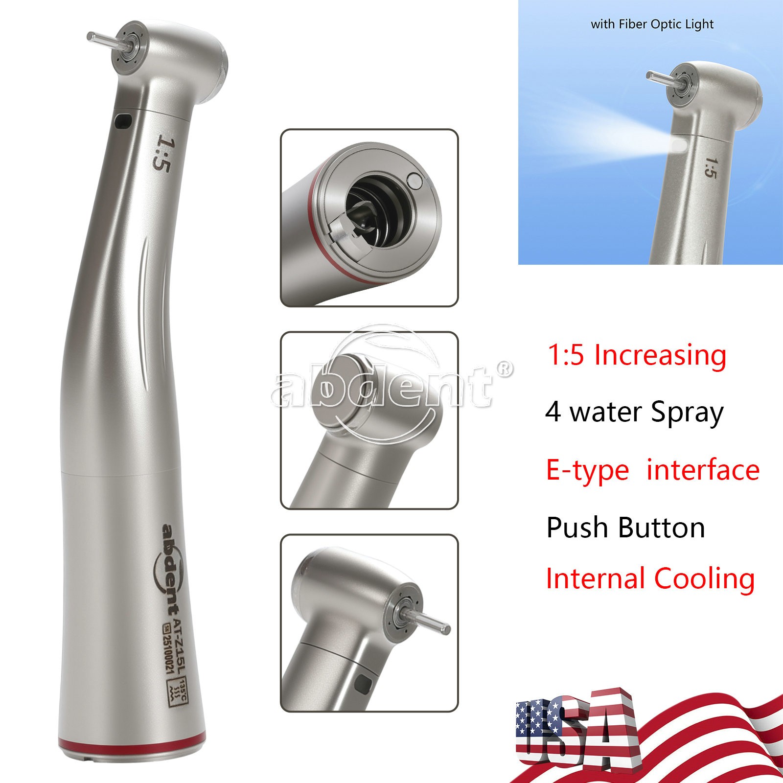 1:5 Increasing Fiber Optic Contra Angle Handpiece Push Button Abdent Dental NEW