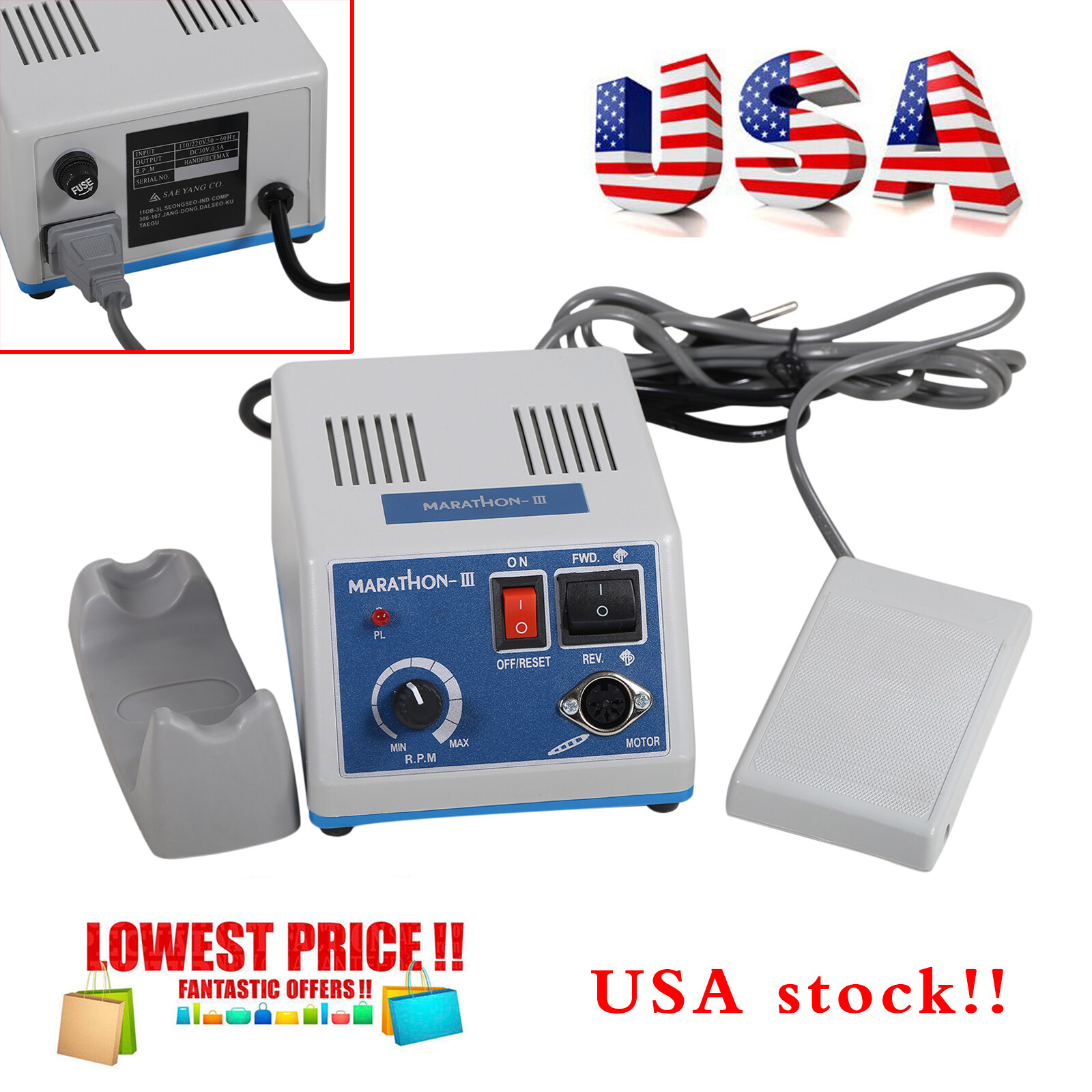 Dental Lab Marathon Electric Micromotor Polisher fit w/35K rpm Handpiece HP Burs