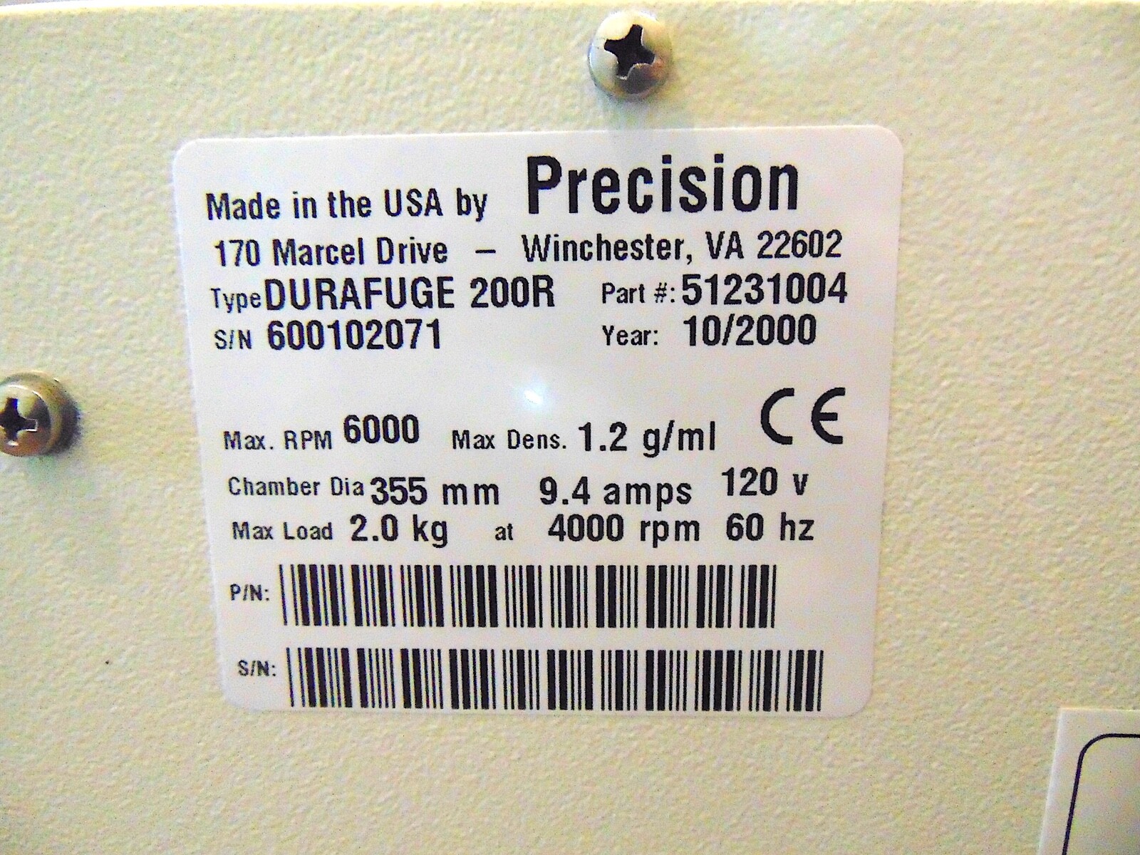 Precision Durafuge 200R Refrigerated Centrifuge With Rotor SO-2Y S4601z