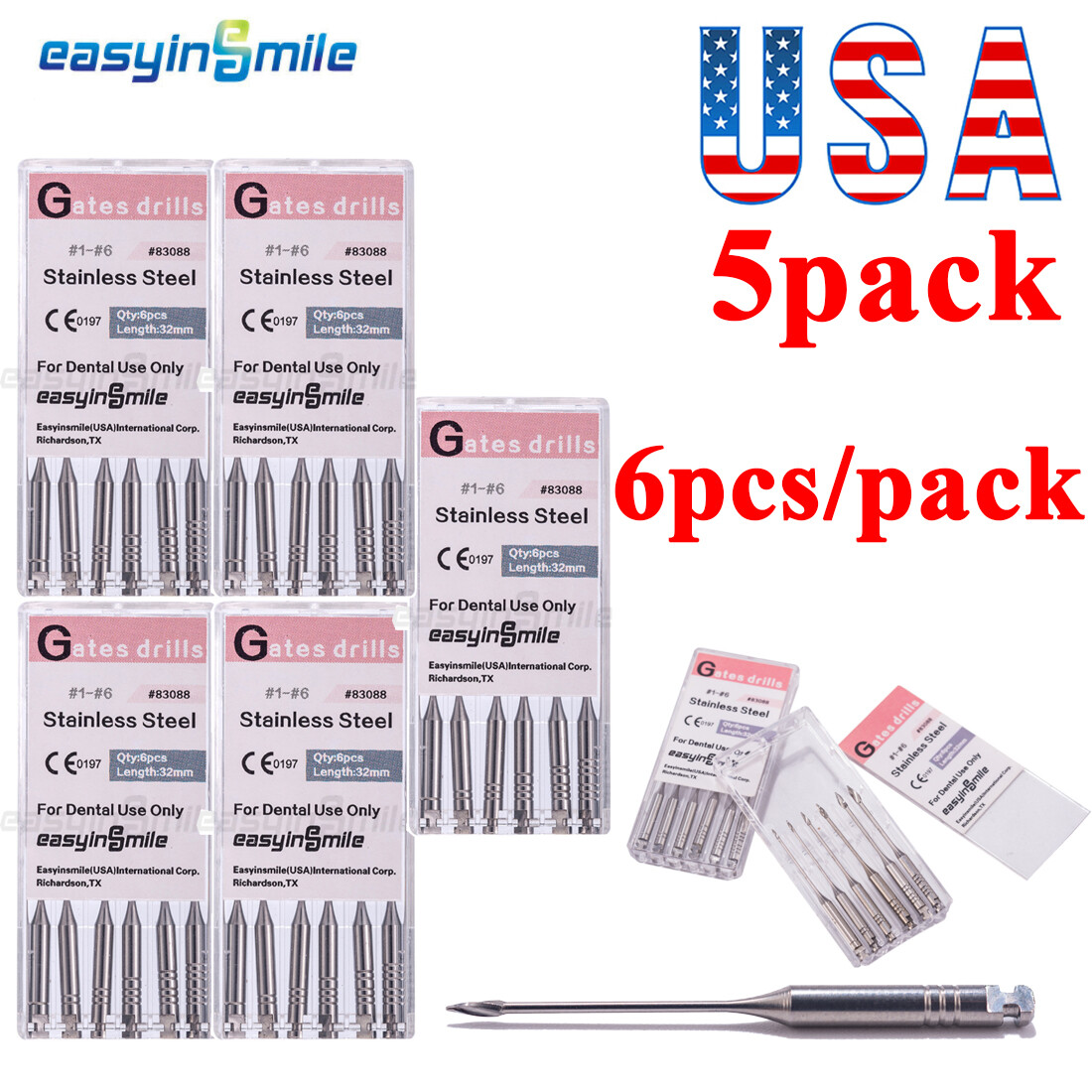 5PK Endodontic Gates Drills Bur Dental Stainless Hand Reamers 1-6# 32MM EASYINSM