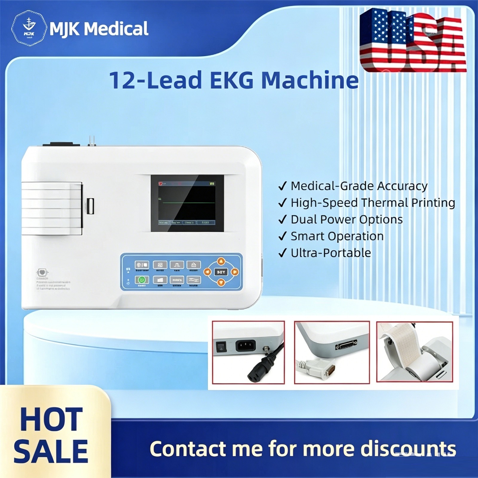 12-Lead Digital ECG/EKG Machine – 1-Channel Portable Monitor with Printout