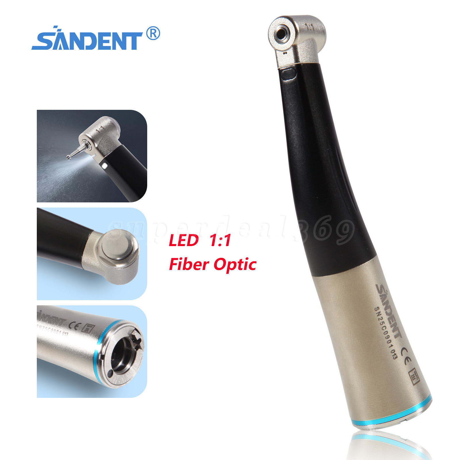 SANDENT Dental 1:1 Fiber Optic Contra Angle Low Speed Handpiece Inner Channel st