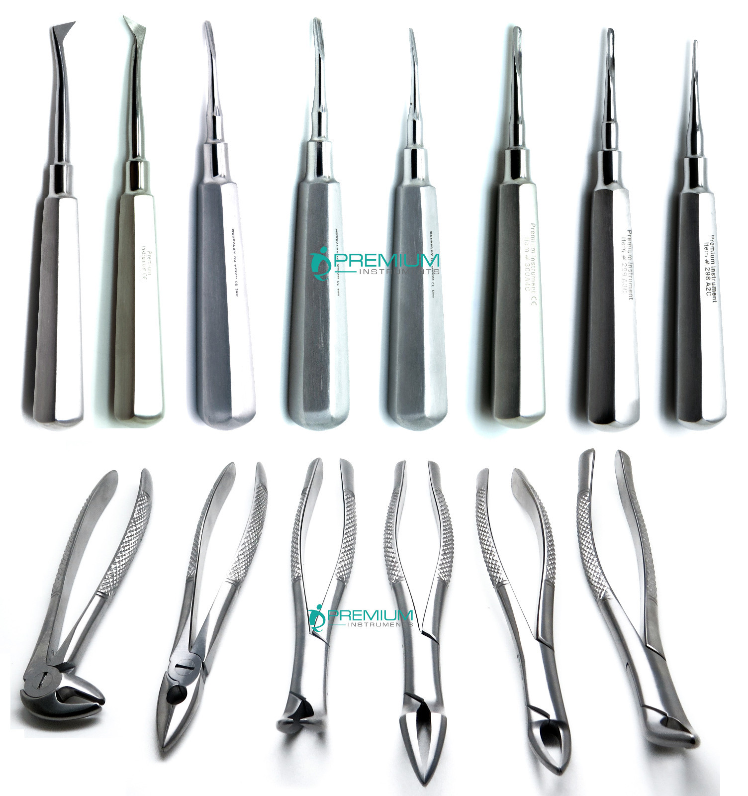 14 Pcs Premium Dental Extraction Forceps Upper lower & Elevators Curved Straight