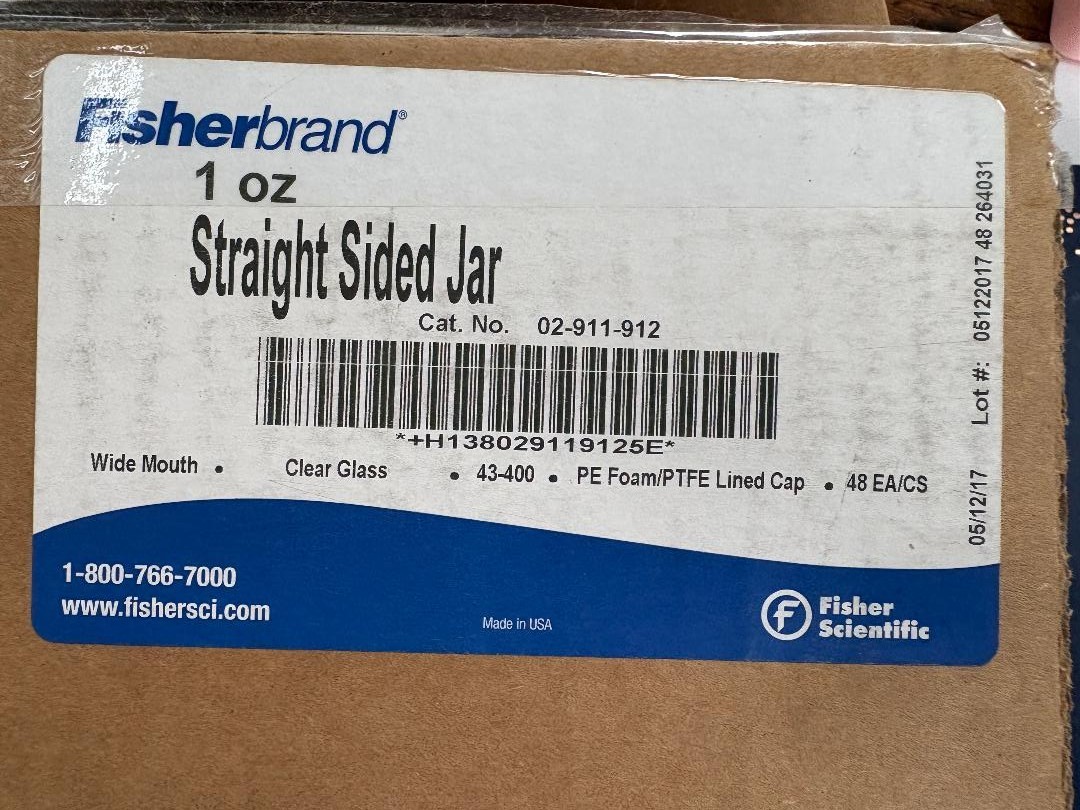 Fisherbrand Straight Sided Glass Jar 1 oz Clear PE /PTFE case of 48, free ship