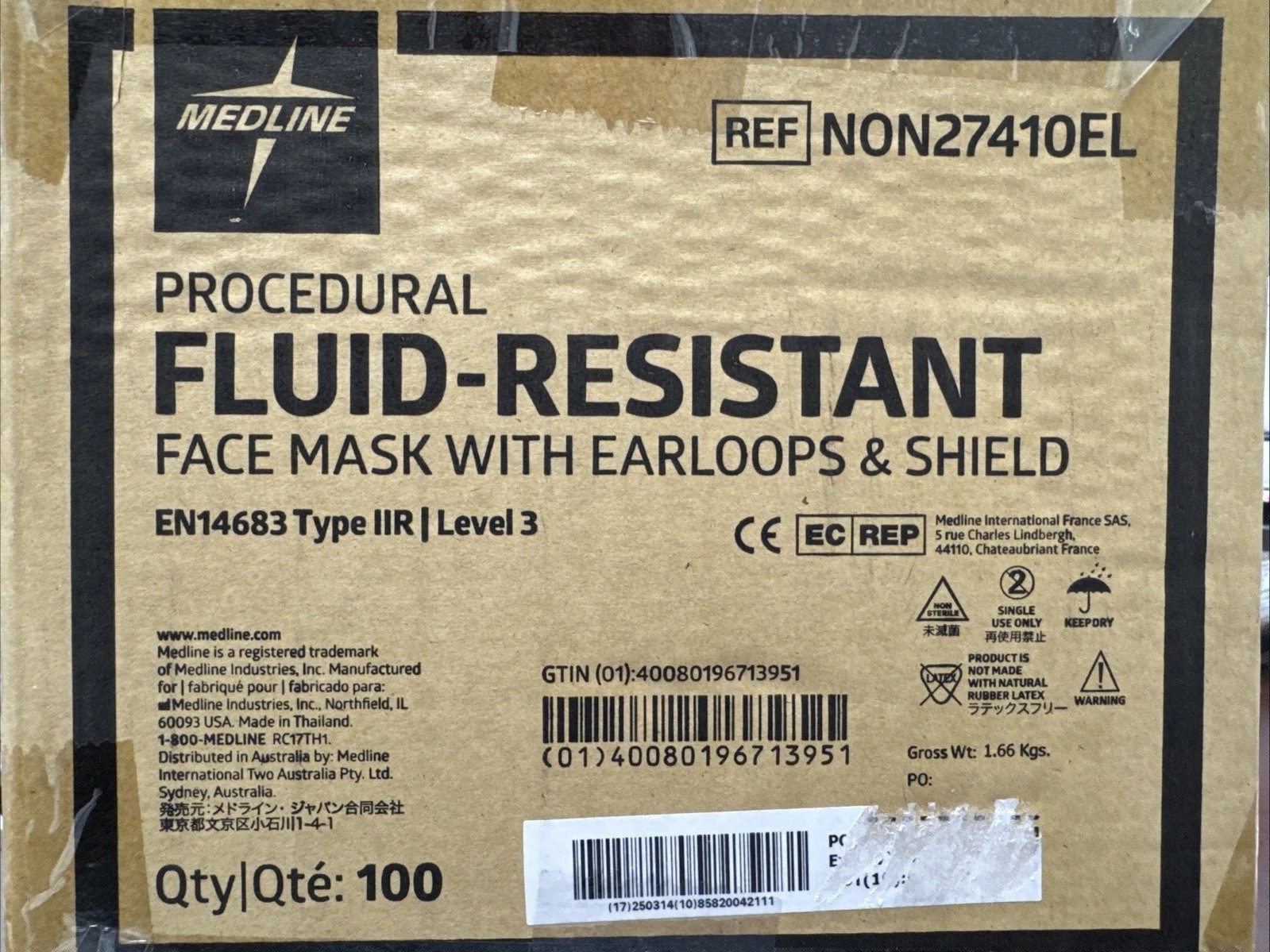 Medline Level 3 Fluid-Resistant Face Mask w/ Shield, EL REF NON27410EL, 100/Case