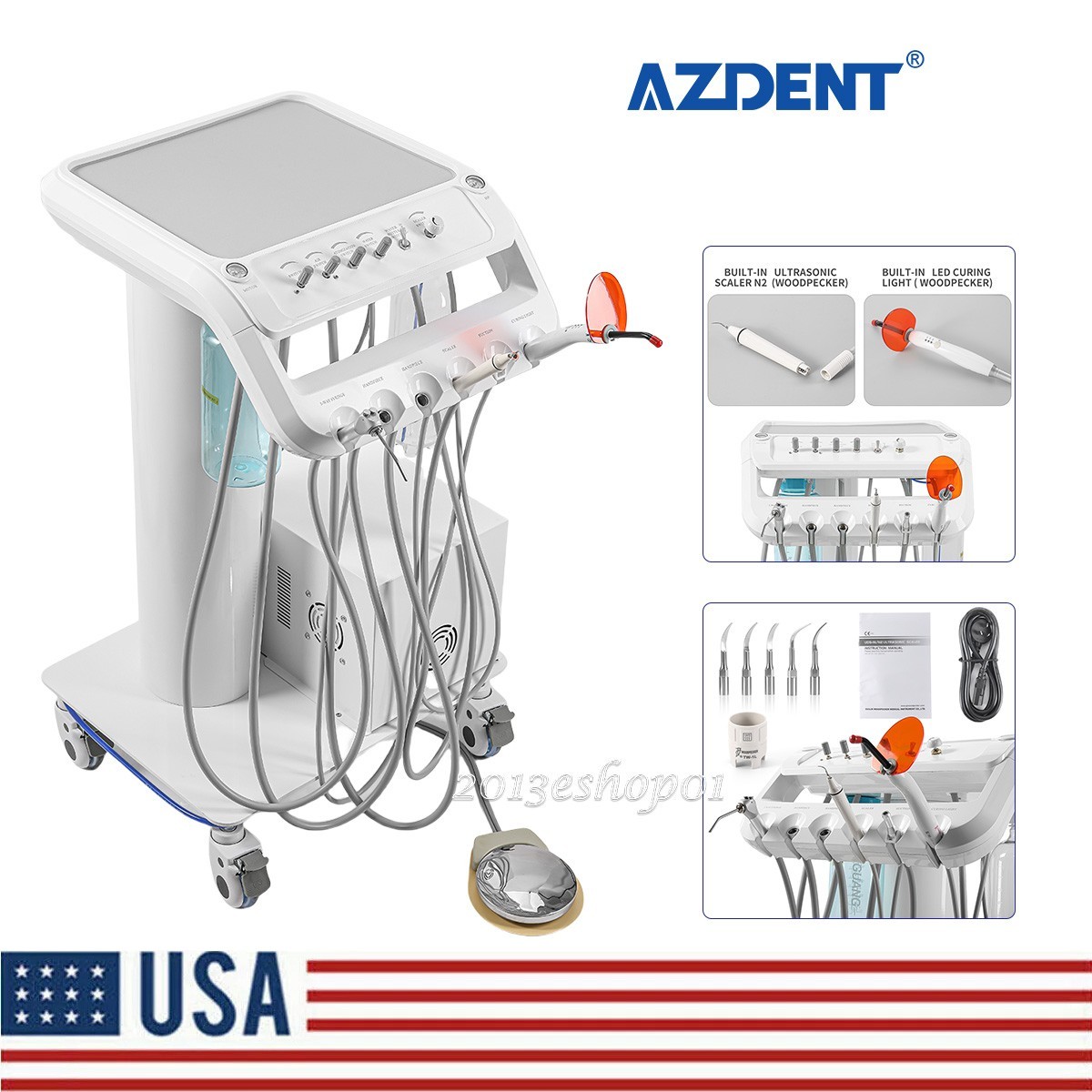 Protable Dental Delivery Unit Cart Compressor Suction +Scaler+Curing light
