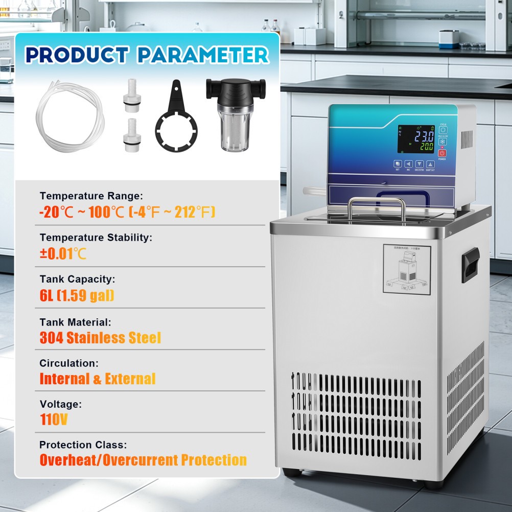 Lab Chiller Circulator 6L -20℃ 100℃ 110V Recirculating Cooling Water Bath Pump