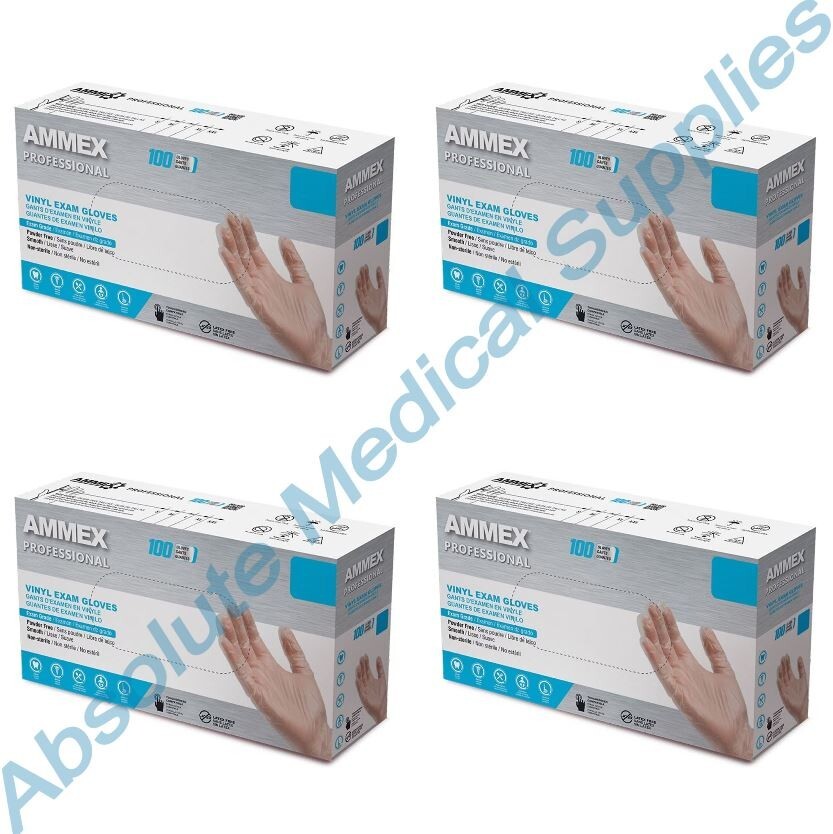 *400-Pieces* Ammex Professional Vinyl Exam Medical Gloves Clear Medium VPF64100